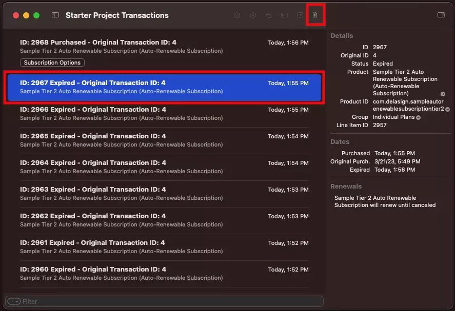 A screenshot of the StoreKit Transaction Manager with a transaction highlighted. Once you select a transaction, you can delete it using the delete button on the top right.