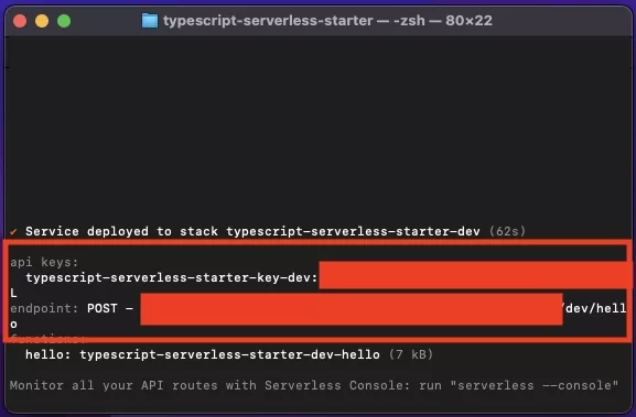 A screenshot of terminal showing the data that API url and API key after it has successfully been deployed.
