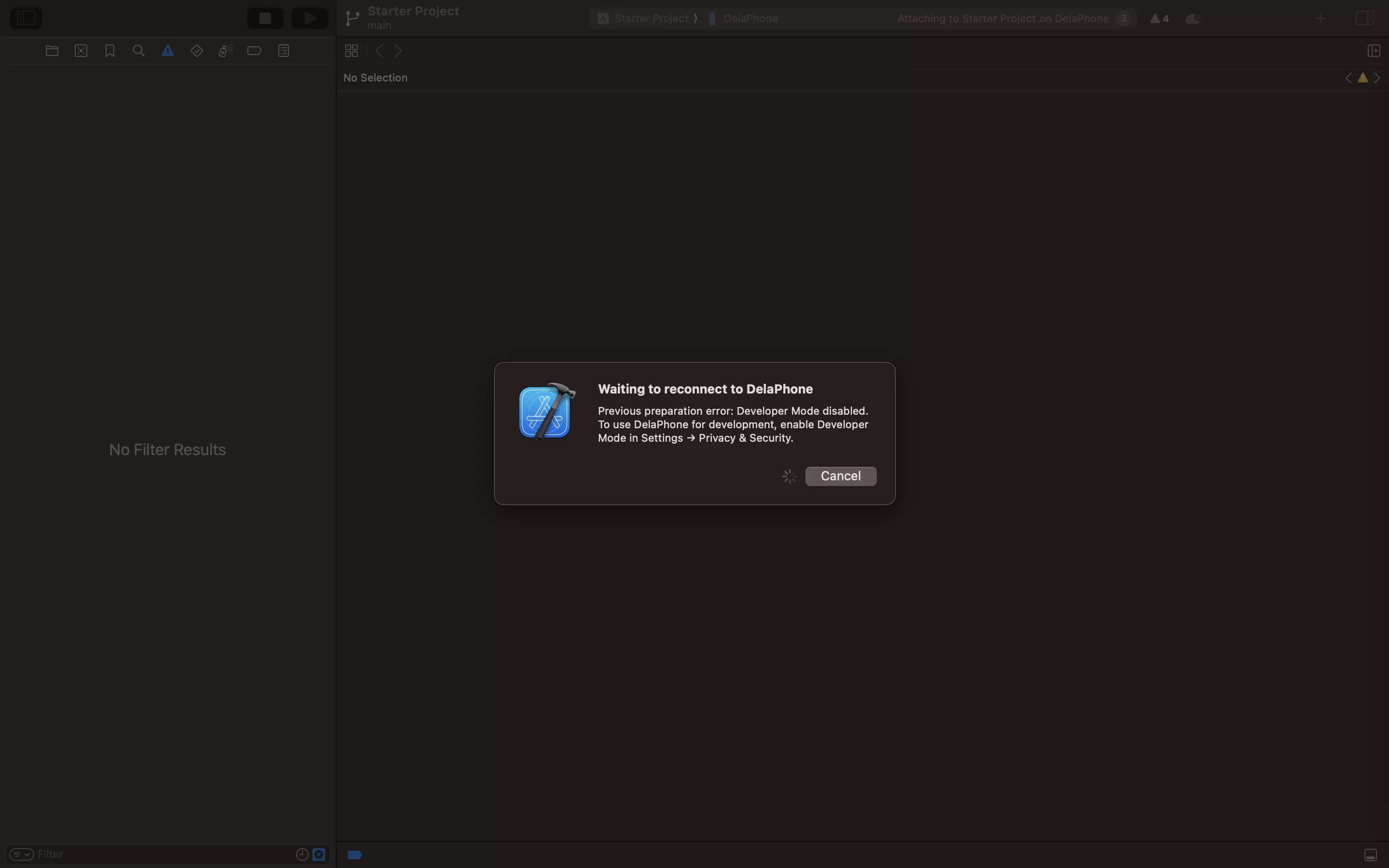A screenshot of XCode 15 showing the error that appears when you try to run a development app on a phone which has not activated developer mode.