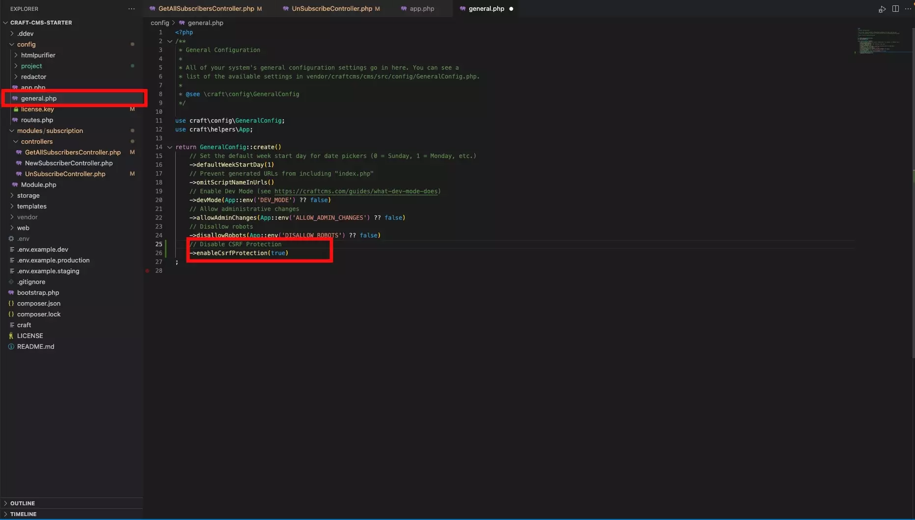 A screenshot of the general.php, with the CSRF Protection removed for the entire Craft CMS project. Sample code of what we used to do this is found below.