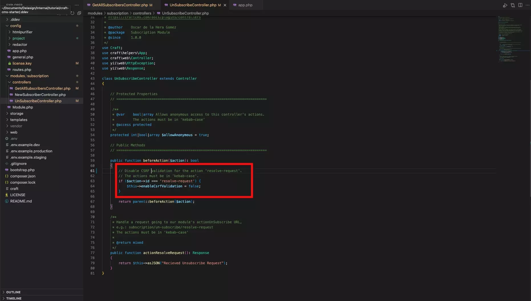 A screenshot showing how to set CSRF validation to false for a specific controller action in Craft CMS. The sample code that is highlighted in this screenshot can be found below.