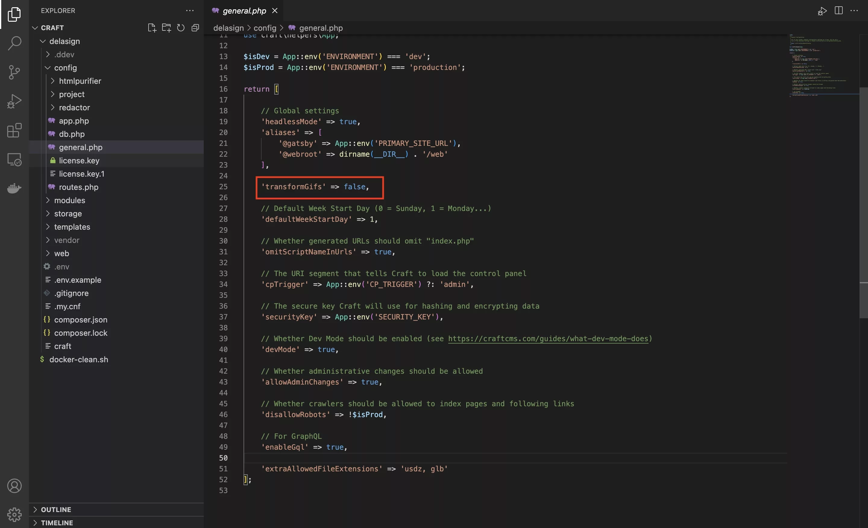 A screenshot of VSCode showing how to apply transform gifs in the general.php file.