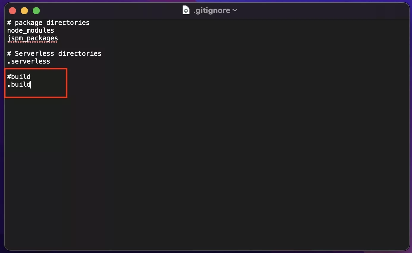 A screenshot of the updated .gitignore demonstrating how to not track the build folder.