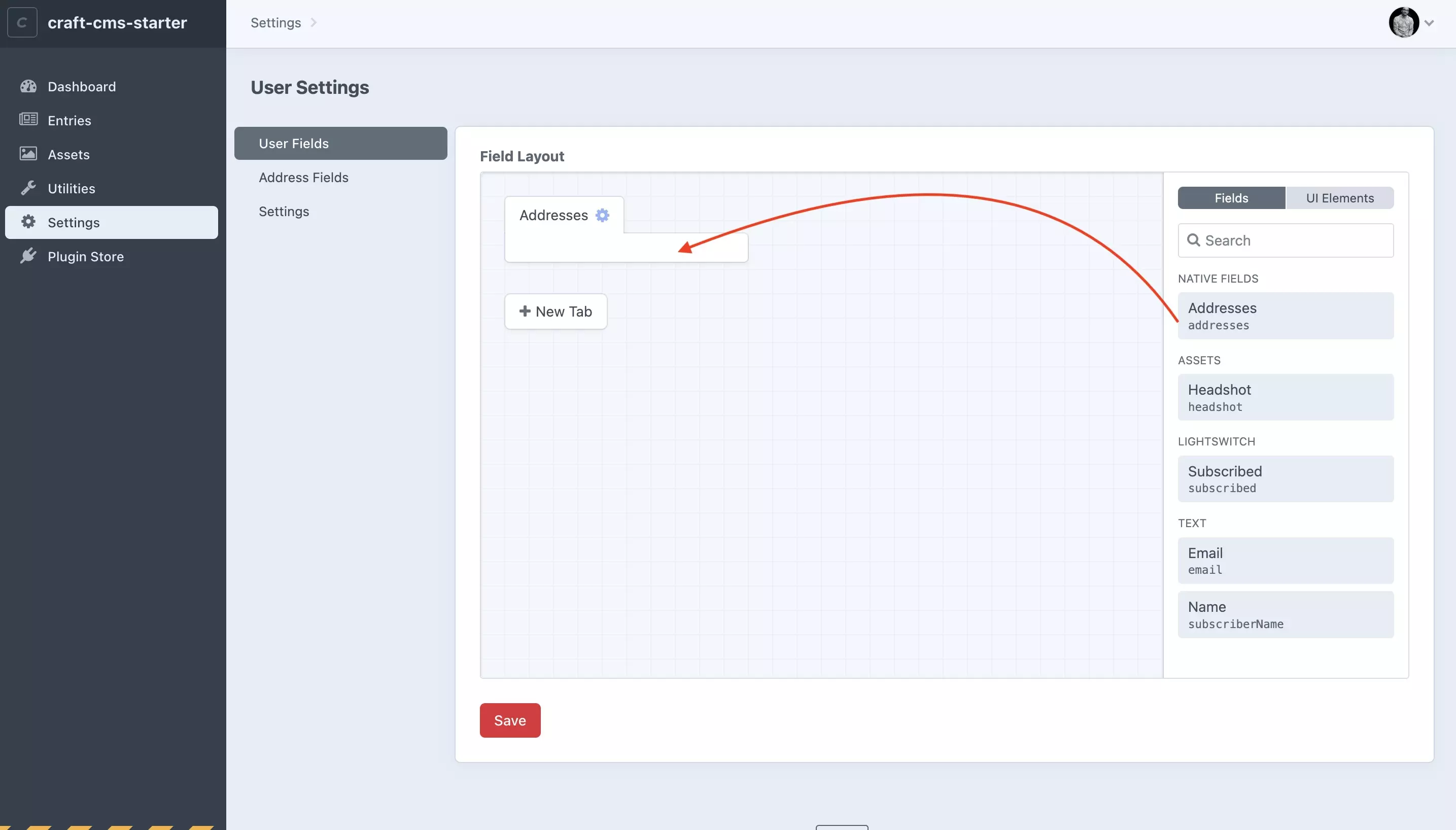 A screenshot of the User Settings Craft CMS page on the User Fields tab, showing how you can drag and drop fields from the Fields area on the right hand side into the tab that you just created.