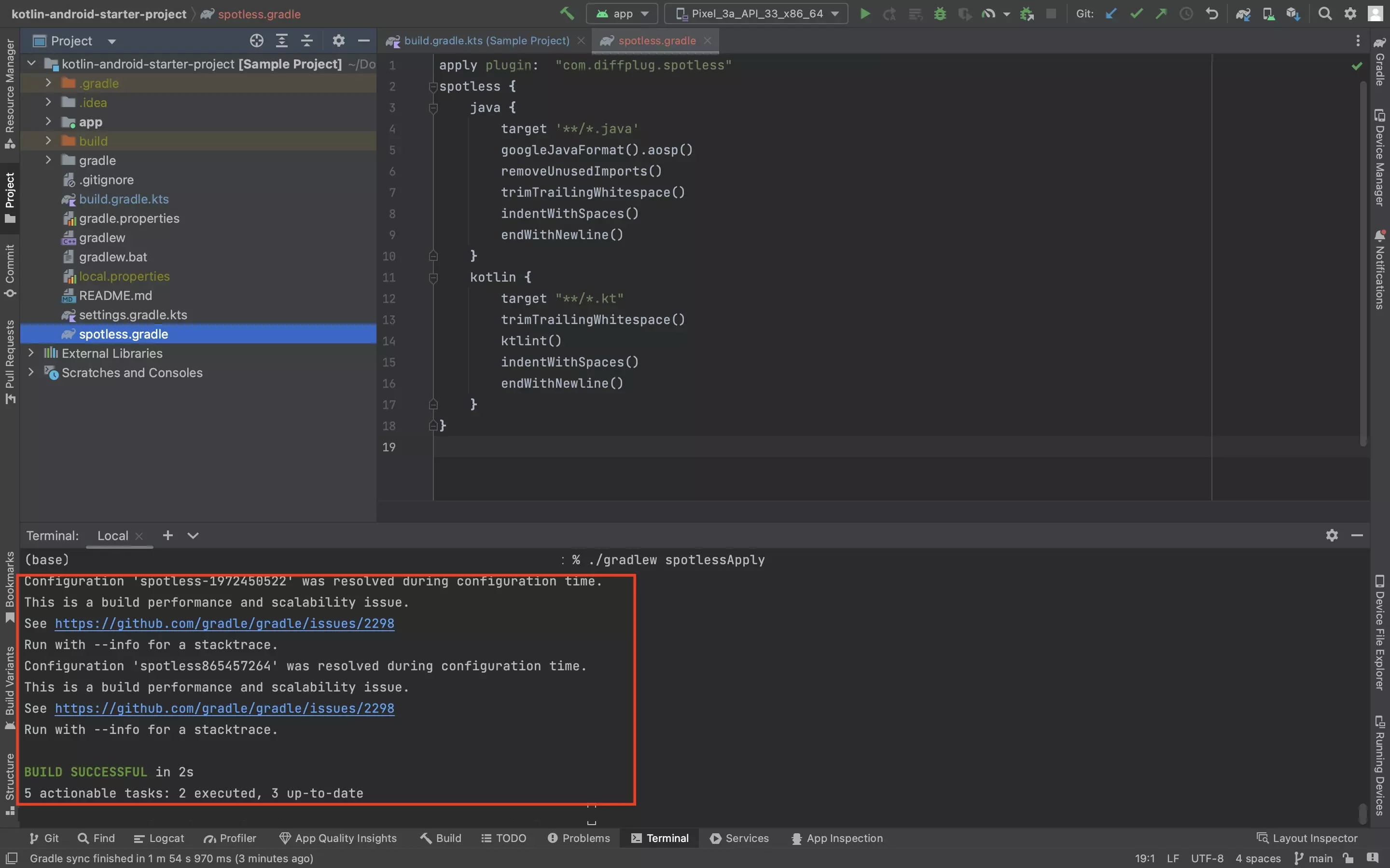 A screenshot of Android Studio with the Terminal open, showing that the test of the Spotless check succeeded.