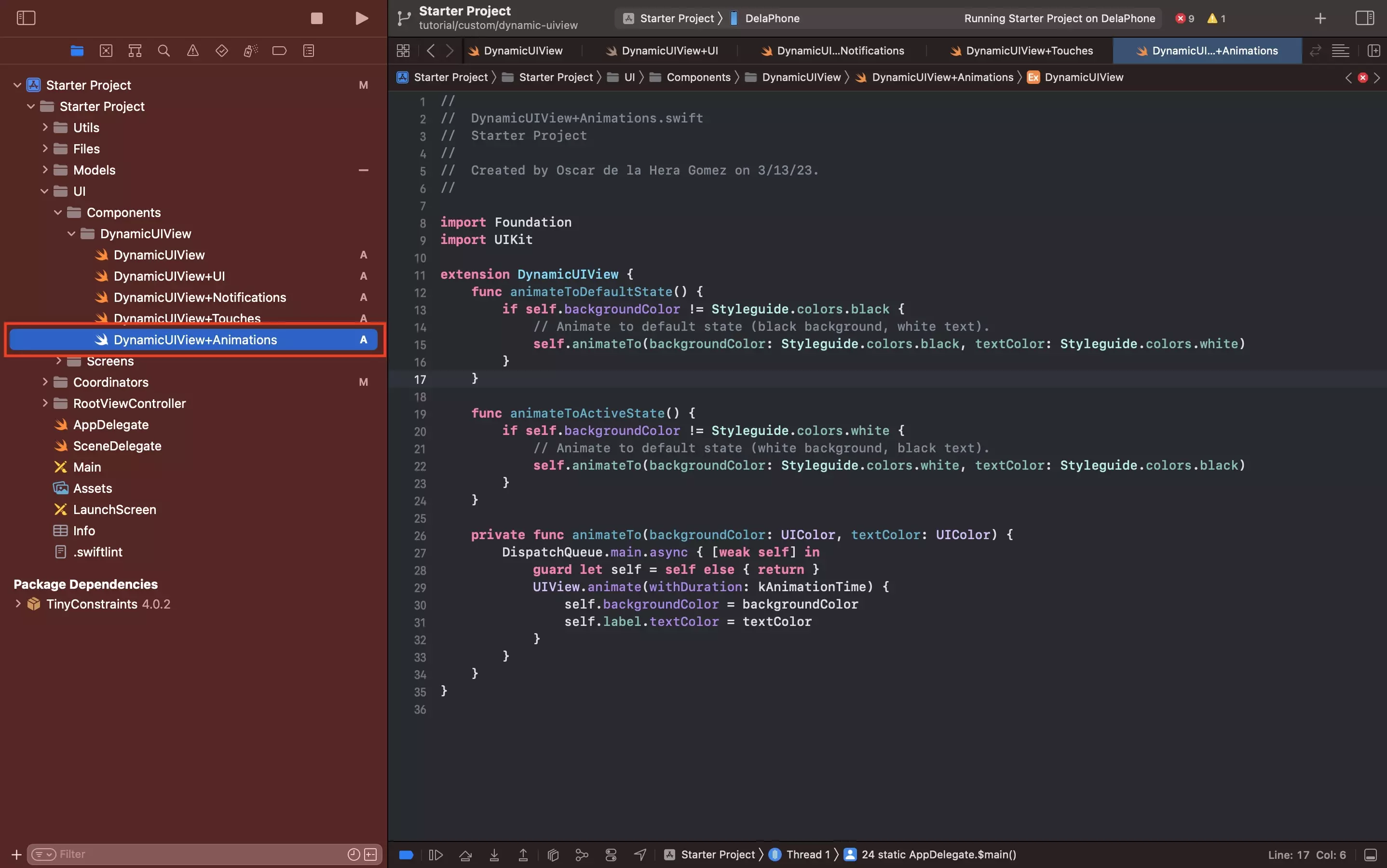 A screenshot of Xcode showing the DynamicUIView+Animations.swift file, the code is available below.