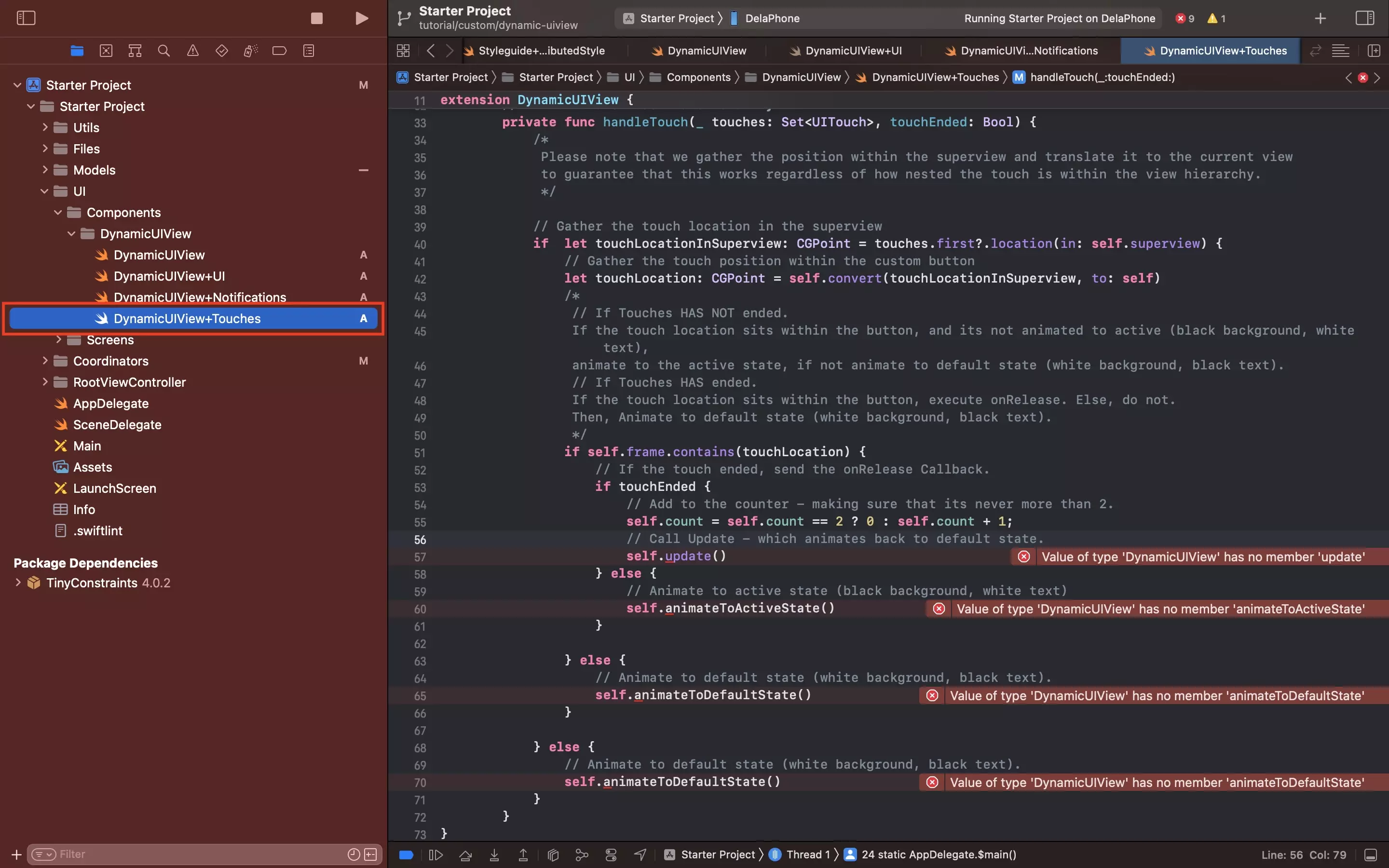 A screenshot of Xcode showing the DynamicUIView+Touches.swift file, the code is available below.