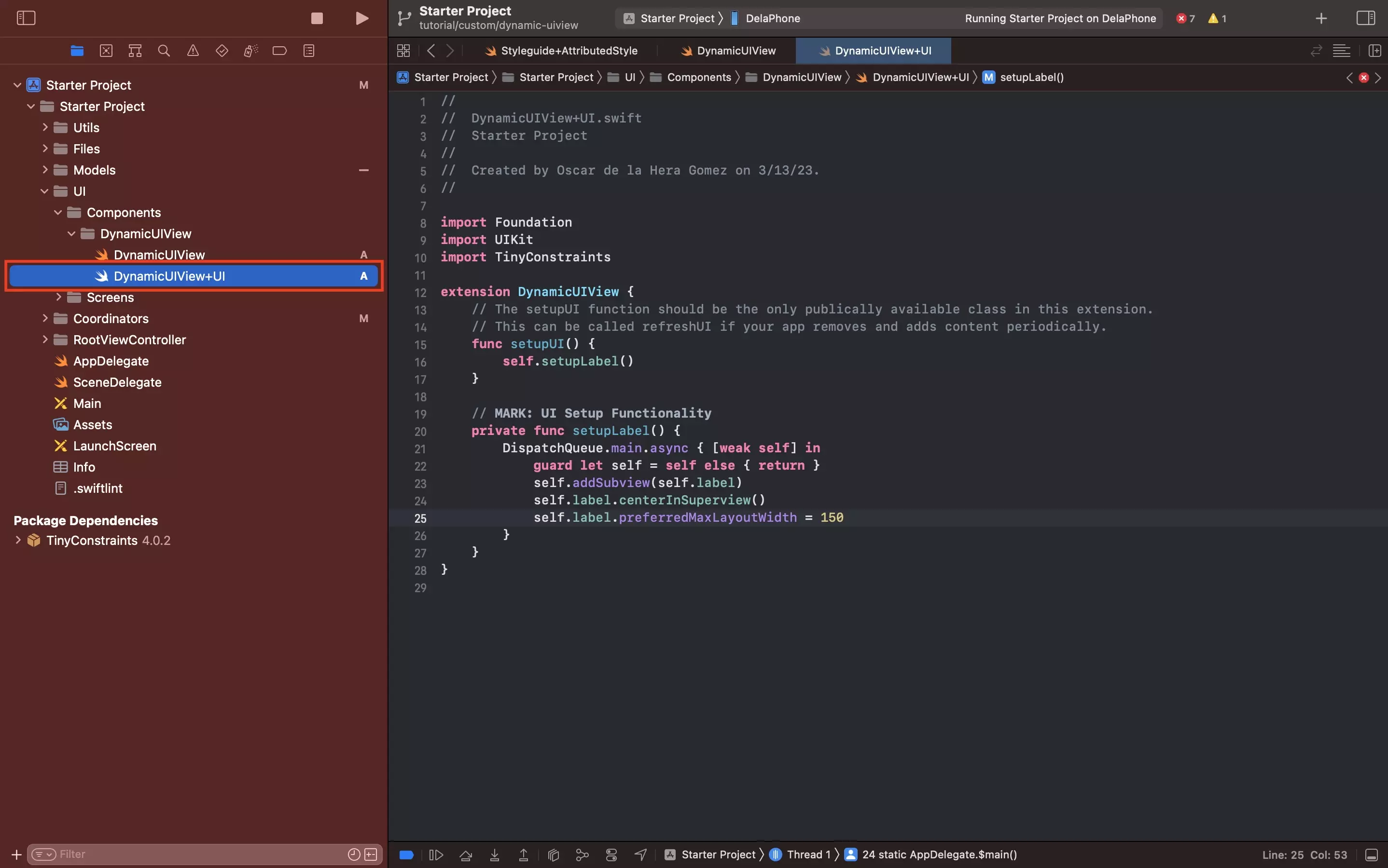 A screenshot of Xcode showing the DynamicUIView+UI.swift file, the code is available below.