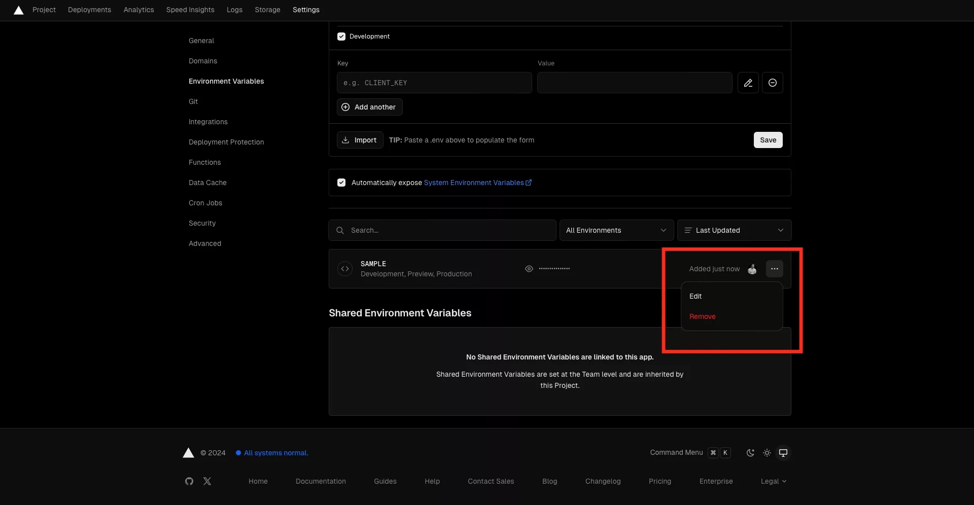 A screenshot of Vercel showing the environment variables page. Highlighted is the pop up that appears after you select the three dots button next to an environment variable. The pop up allows you to edit or remove the environment variable.