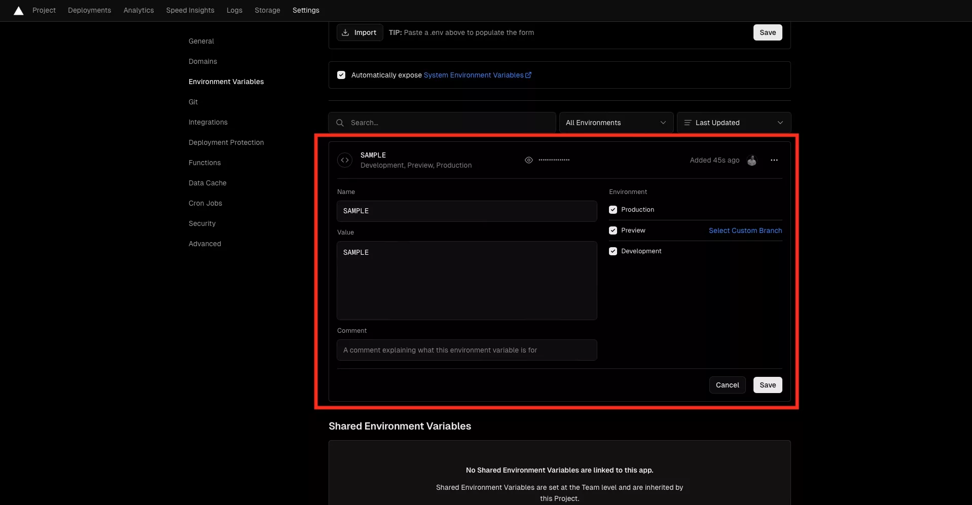 A screenshot of Vercel showing the environment variables page. An existing environment variable has been selected to be edited and highlighted is the options that appear which allow you to edit an existing environment variable.