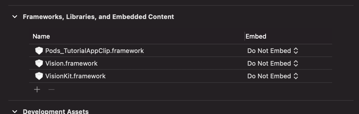 What Sans Hands App Clip Embeded Frameworks looks like.