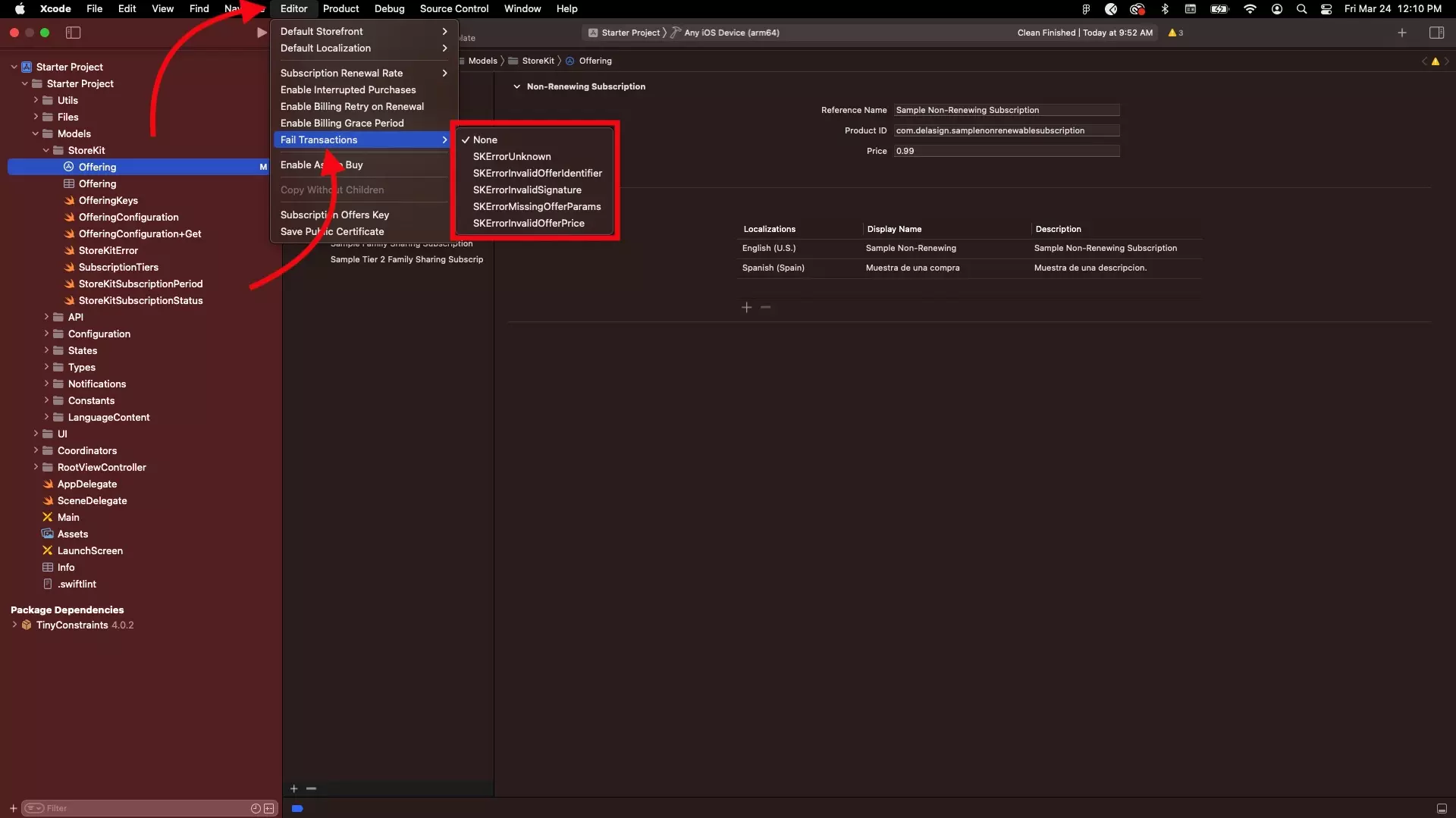 A screenshot of Xcode highlighting the location of the Editor tab in the Xcode menu, the Fail Transactions menu option and the menu that appears where you can select a way to fail a transaction.