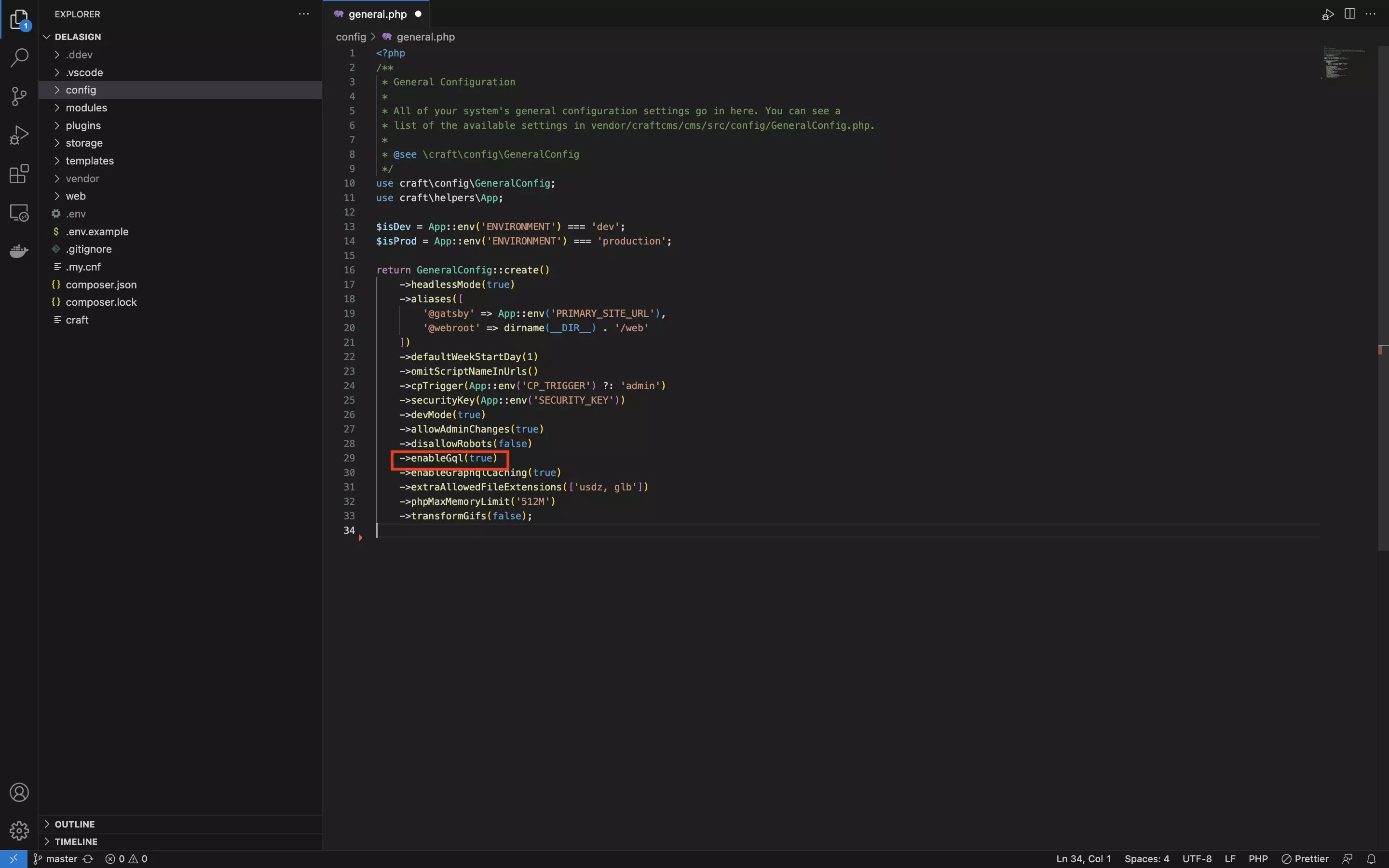 A screenshot of the Craft CMS project with the general.php file open highlighting how we enabled GraphQL.