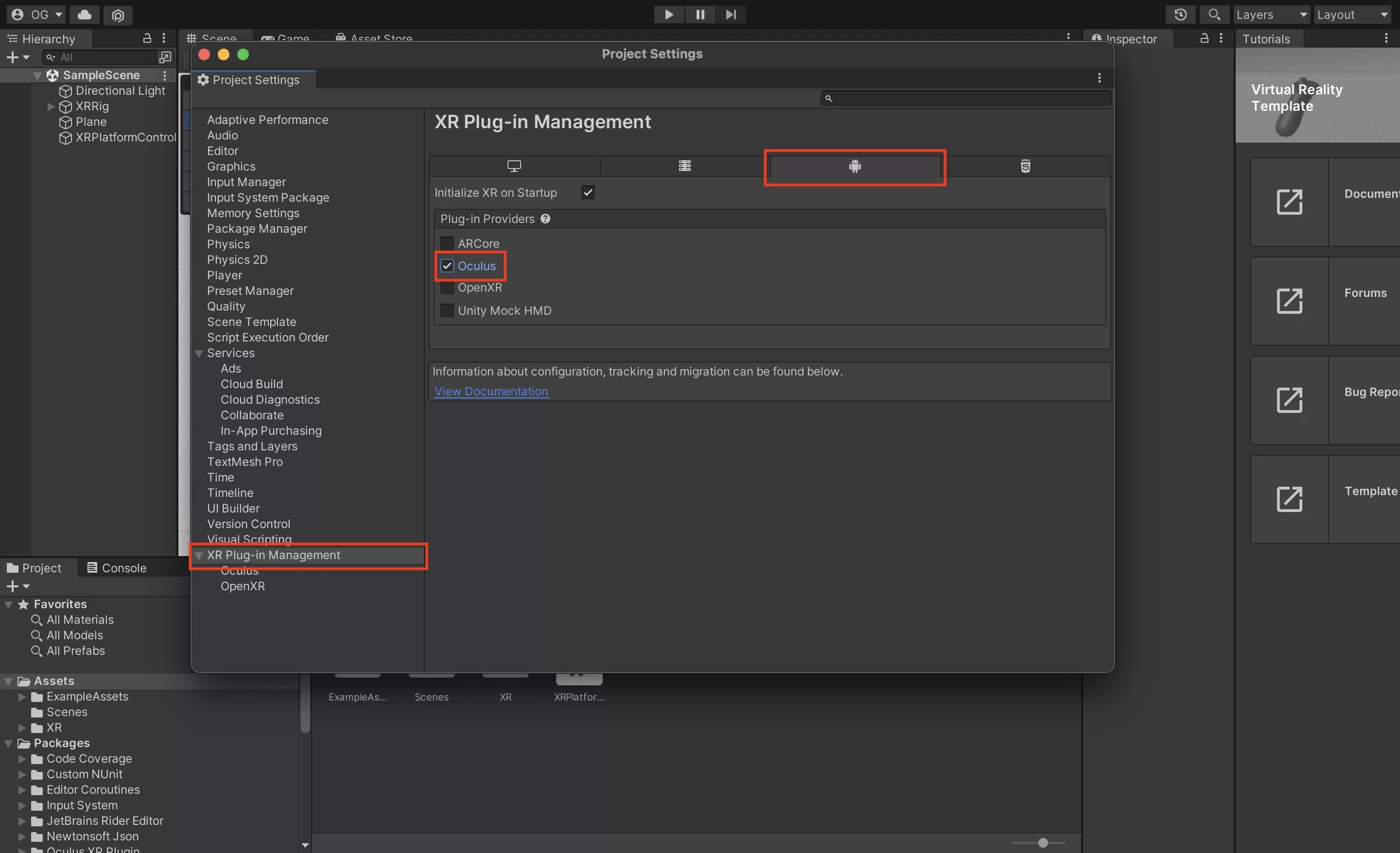 A screenshot of the Project Settings, showing you how to enable Oculus under the XR Plug-in Management, Android tab.