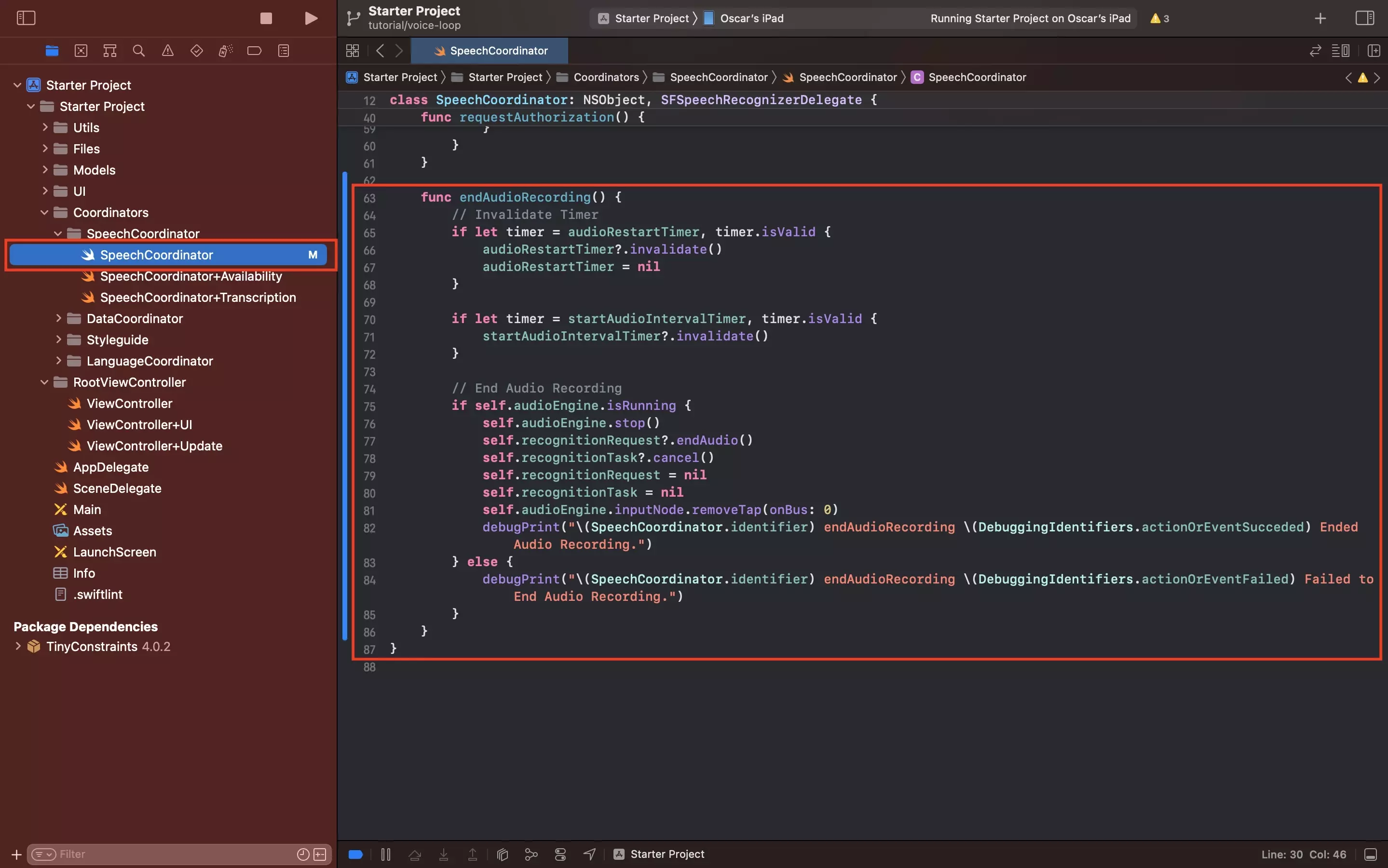 Our SpeechCoordinator.swift file open in Xcode showing the end audio recording function. The code is available below.