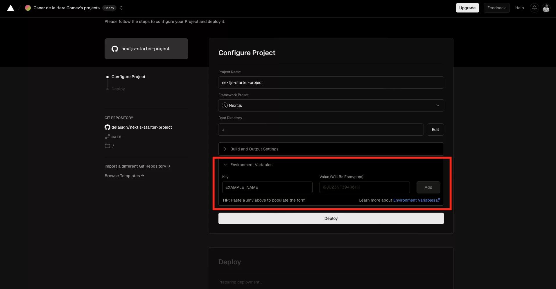 A screenshot of the Vercel configure flow with the "Environment Variables" tab open.