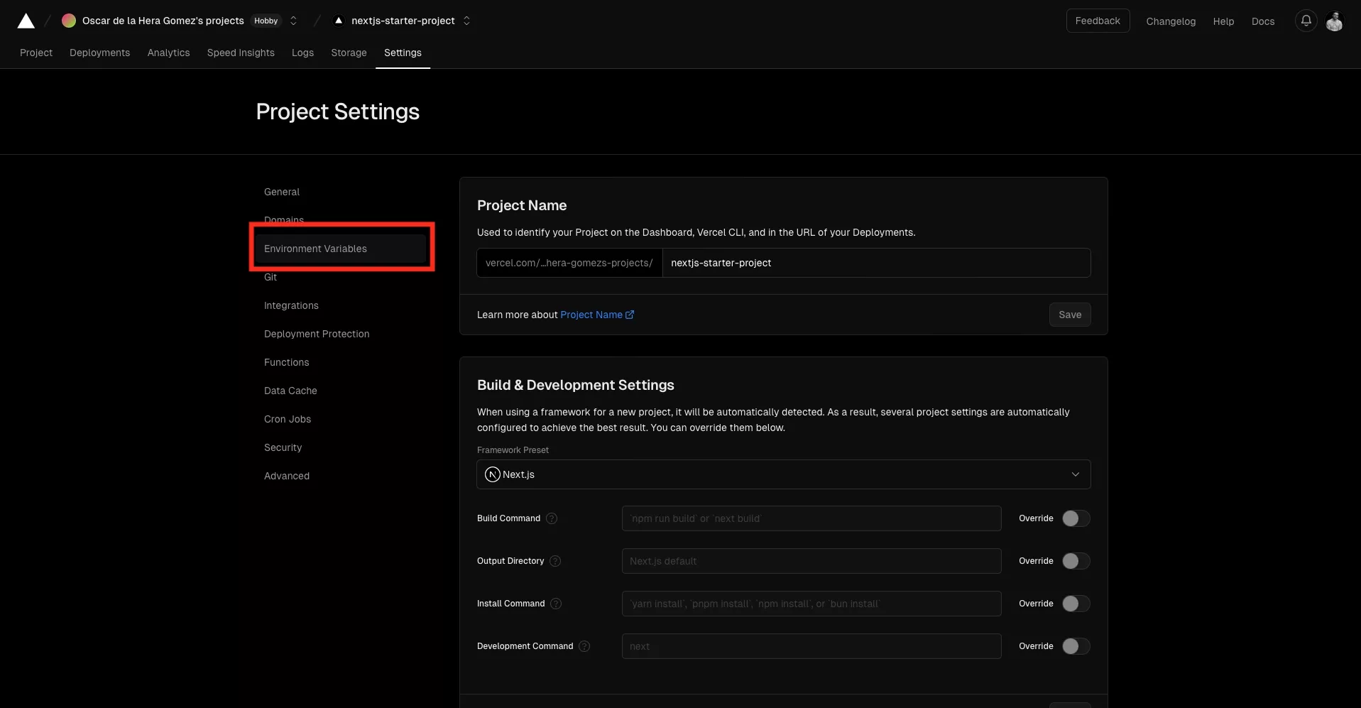 A screenshot of Vercel showing a projects settings page. Highlighted on the left menu side bar is the "environment variables" tab.