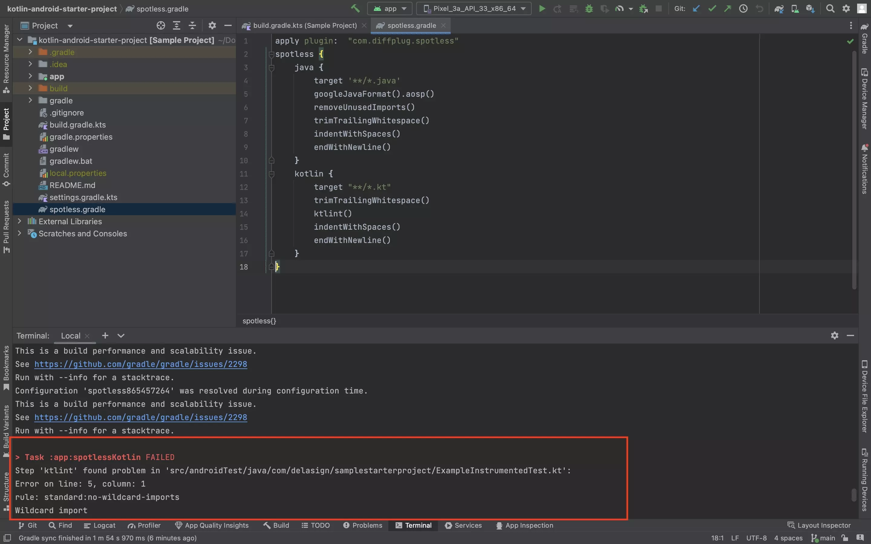 A screenshot of Android Studio with the Terminal open, showing that the test of the Spotless check failed along with the message that it gives - letting you know how to fix the issue.