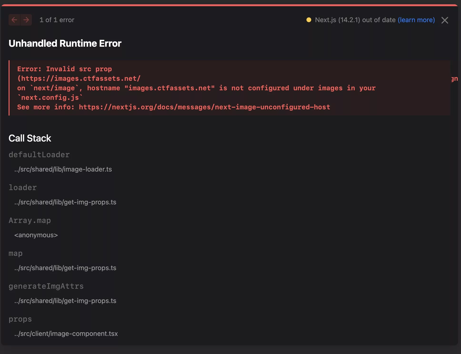 A screenshot of the error that is produced when you try to use a contentful image with a nextjs image. The error reads Error: Invalid src prop
(images.ctfassets.net/32vfo22u7rll/1iWX47XqrH7kgDPE4el9iP/59f932ed3797917d3d19ab3a73f29bda/delasign
on 'next/image', hostname
"images.ctfassets.net" is not configured under images in your
"next.config.js
See more info: nextjs.org/docs/messages/next-image-unconfigured-host.
