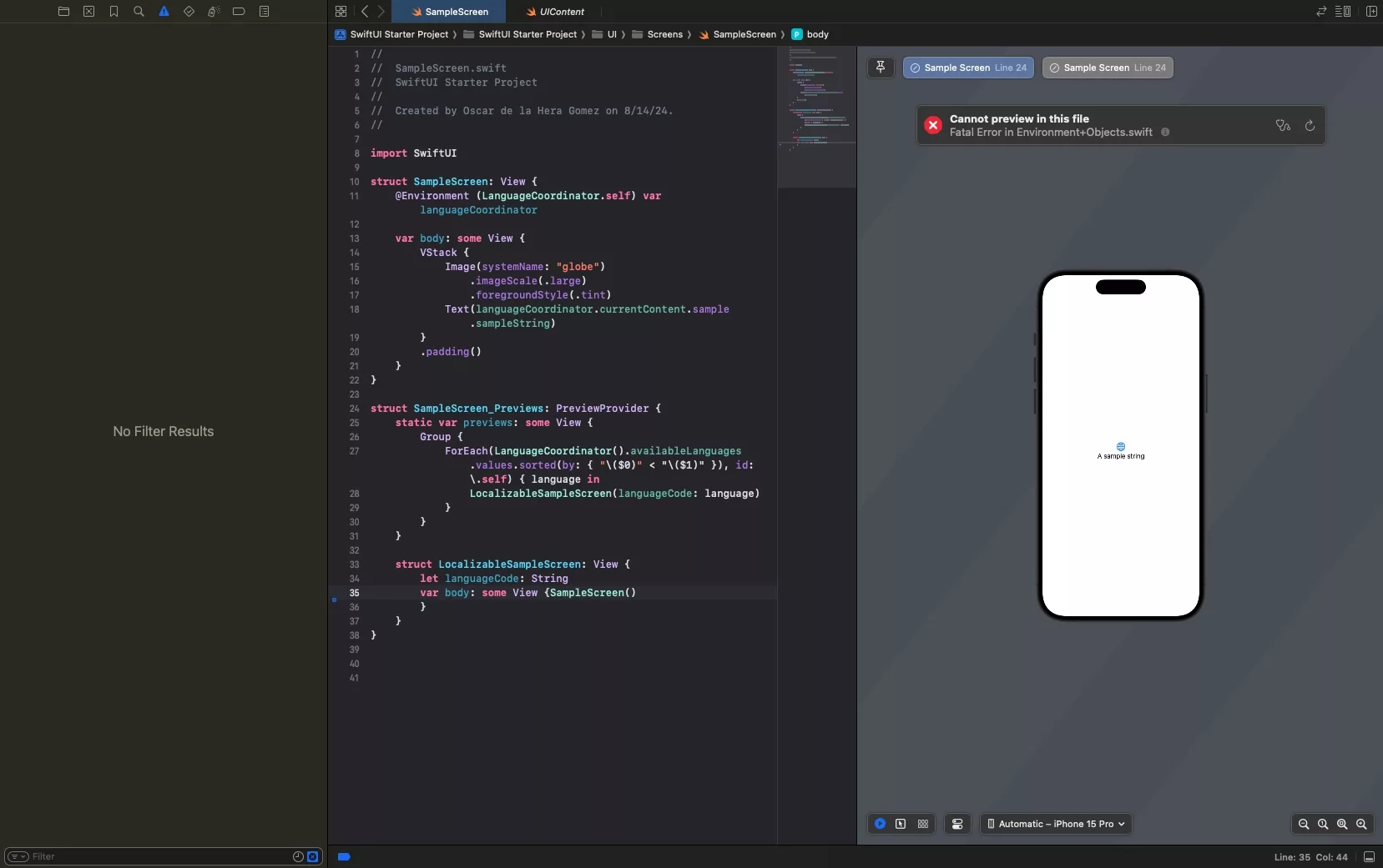 A screenshot of XCode showing the error.
