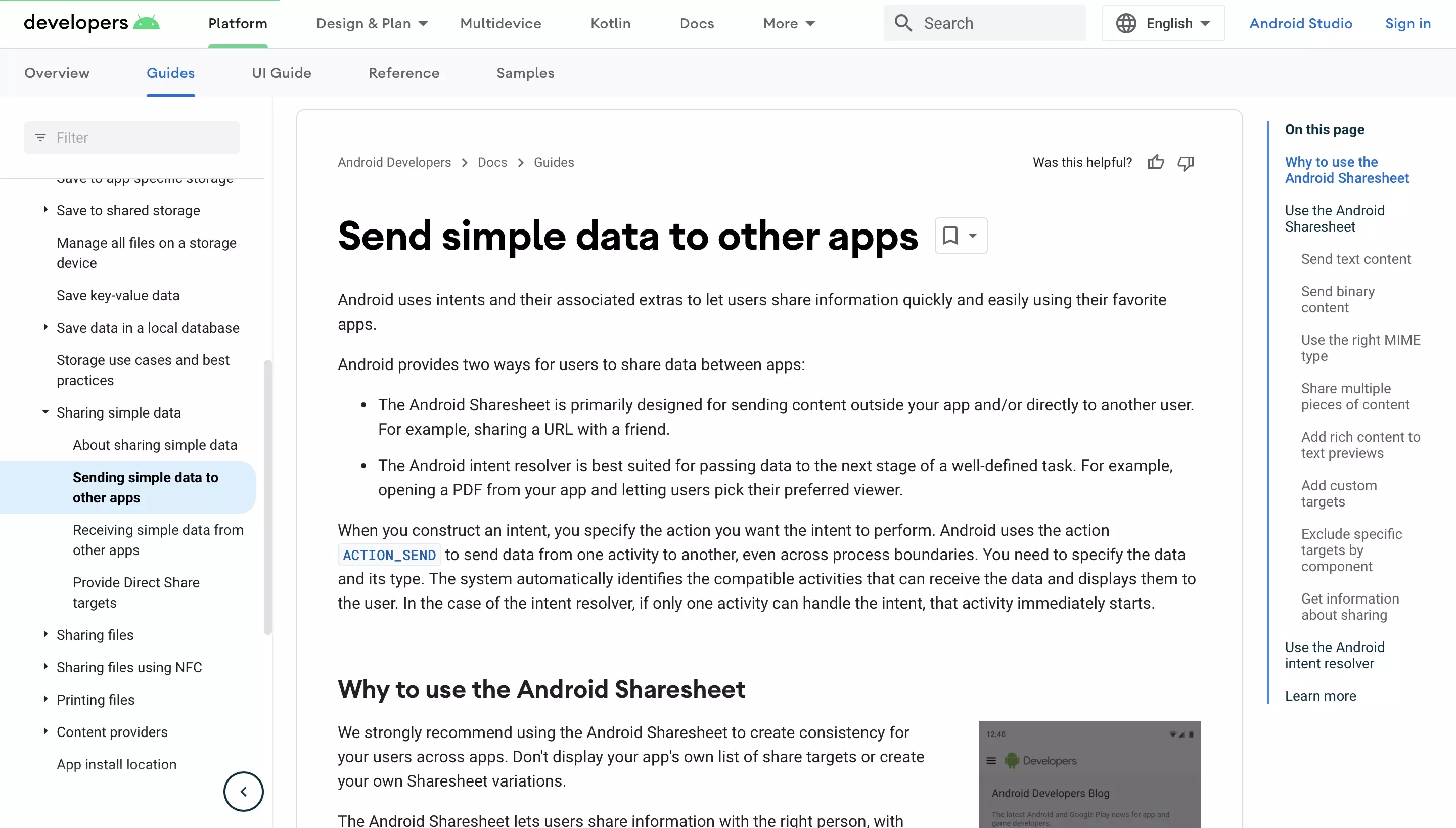 A screenshot of the Android Developer documentation on a page titled "Send simple data to other apps."