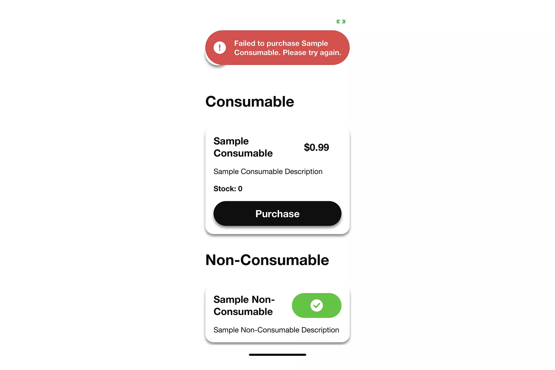 A screenshot showing a failed purchase in an iOS app.