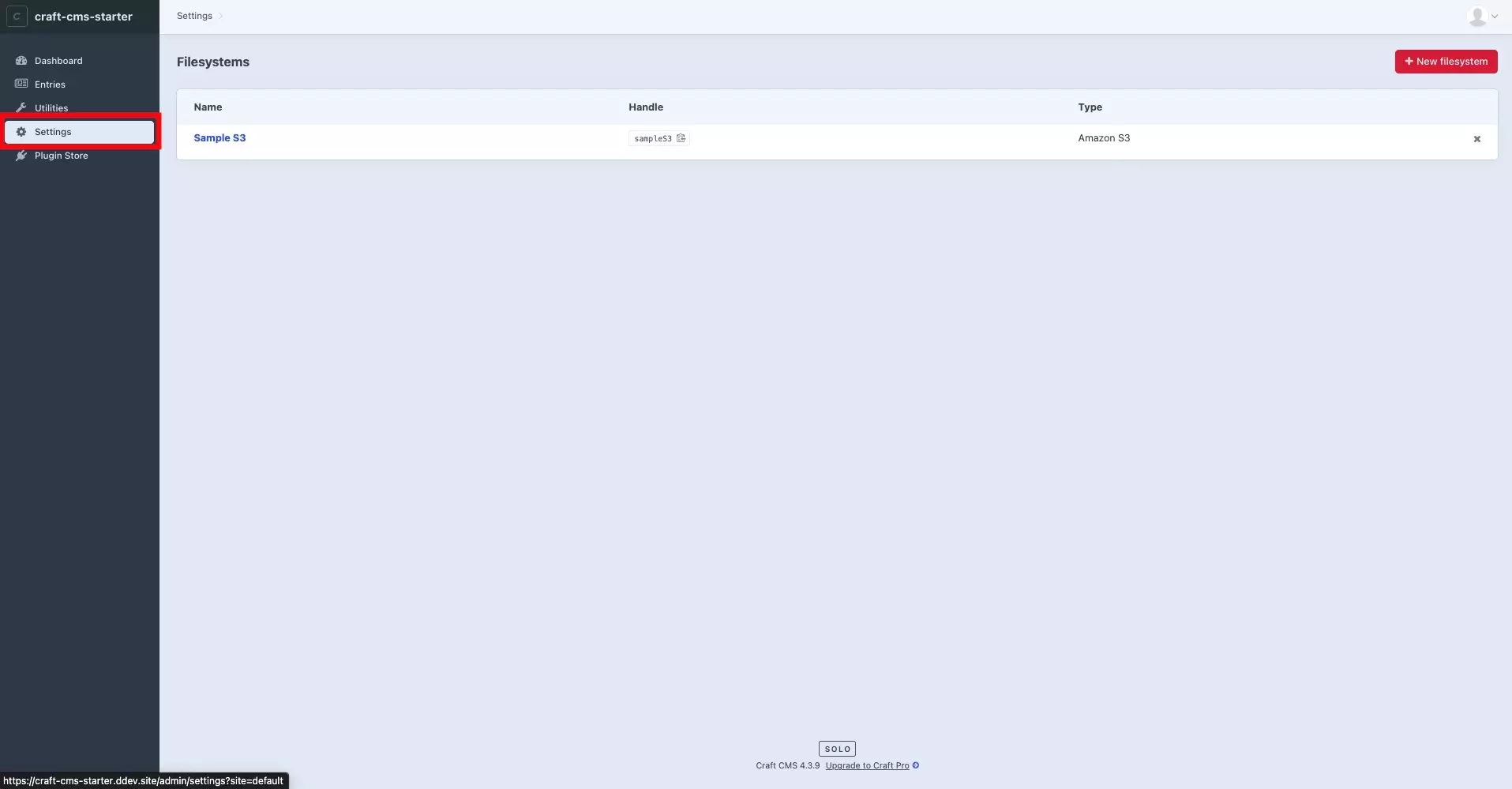 A screenshot of the Filesystem Craft CMS page showing the newly created Amazon S3 File System. Highlighted is the Settings tab on the left menu side bar. Press it and move on to the next step.