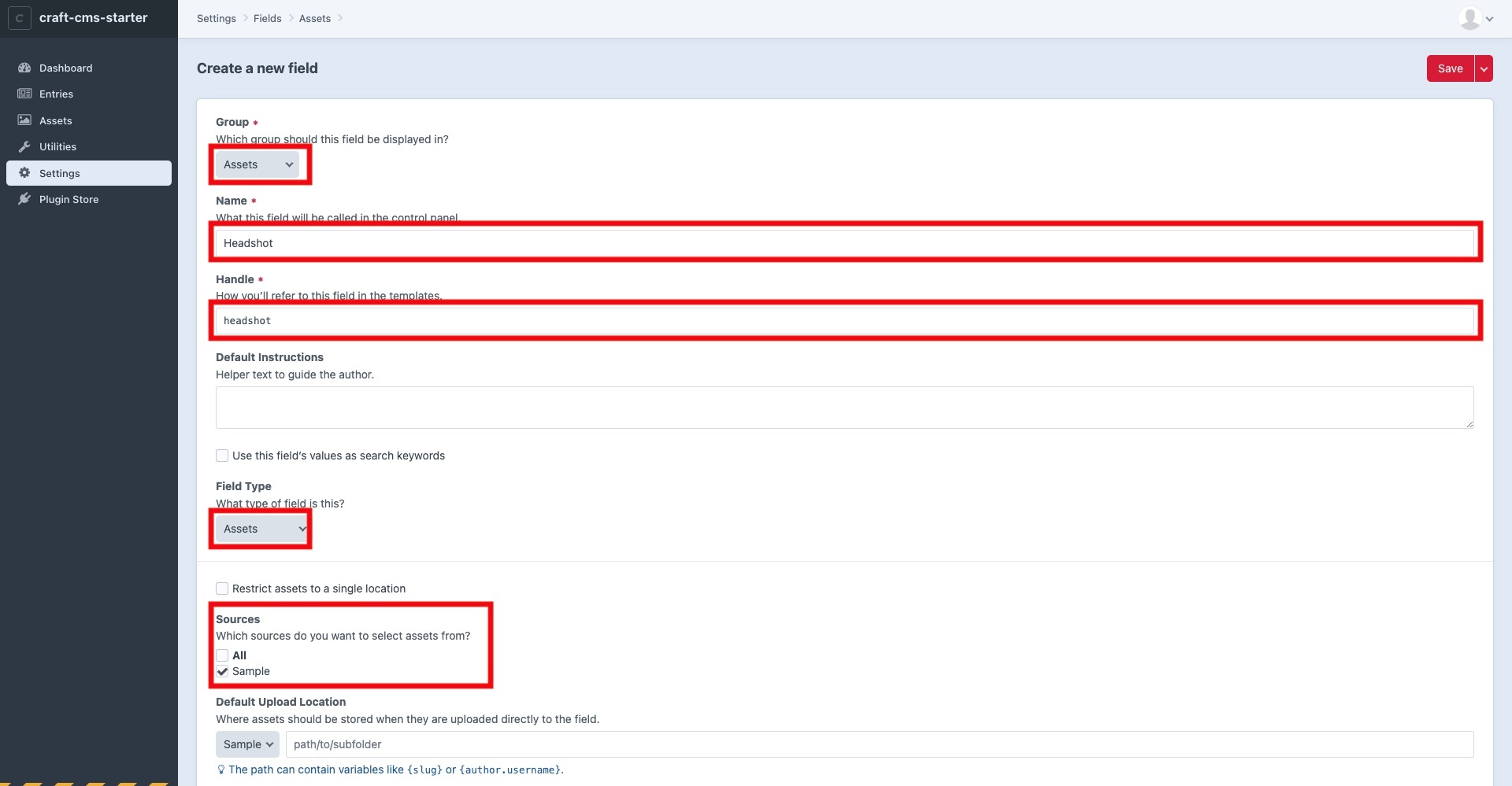 A screenshot of the Craft CMS Create New Field page, highlighted are the name, handle, field group, field type and sources inputs. Make sure that your field group matches Assets and that you have linked the source to the place where you wish assets to be uploaded. Additional required details are the Name and handle.