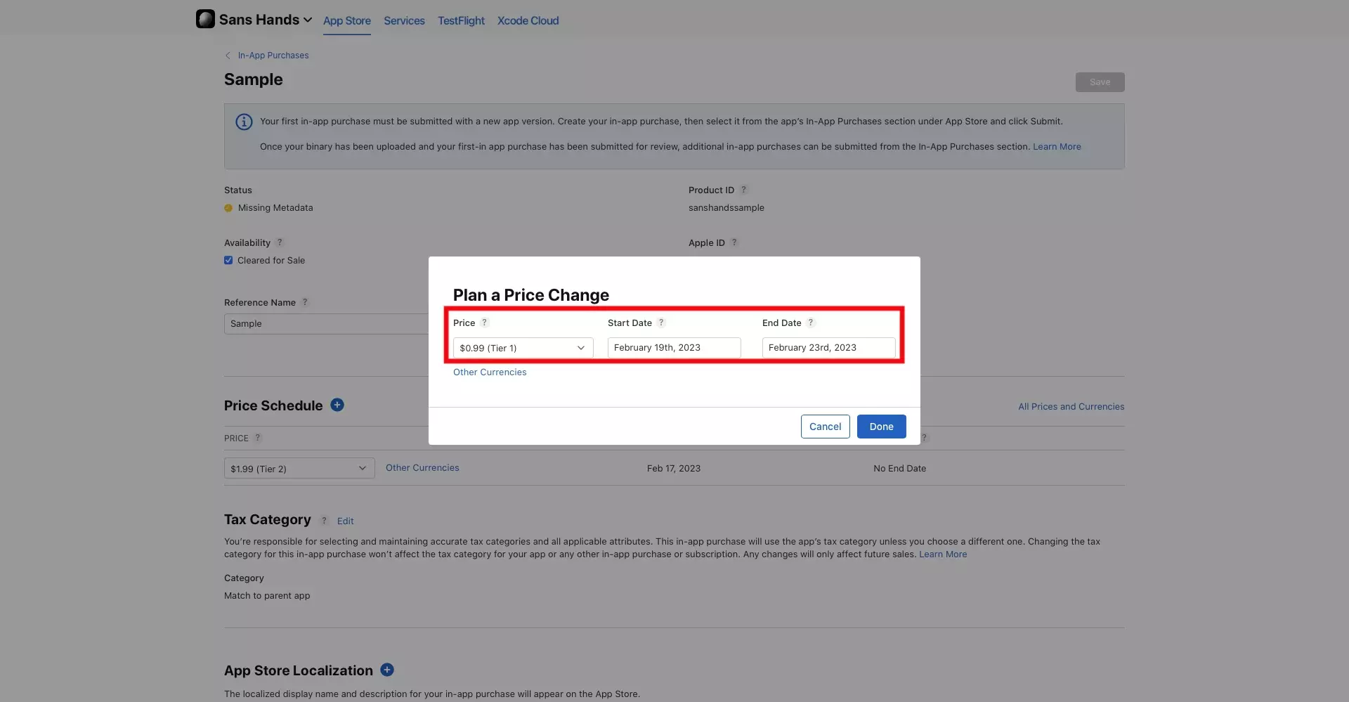 A screenshot of the In-App Purchase, Plan a Price Change modal that appears when you press "+". Highlighted is the area where you must fill in the details for "Price", "Start Date" and "End Date." Fill these in and move onto the next step.