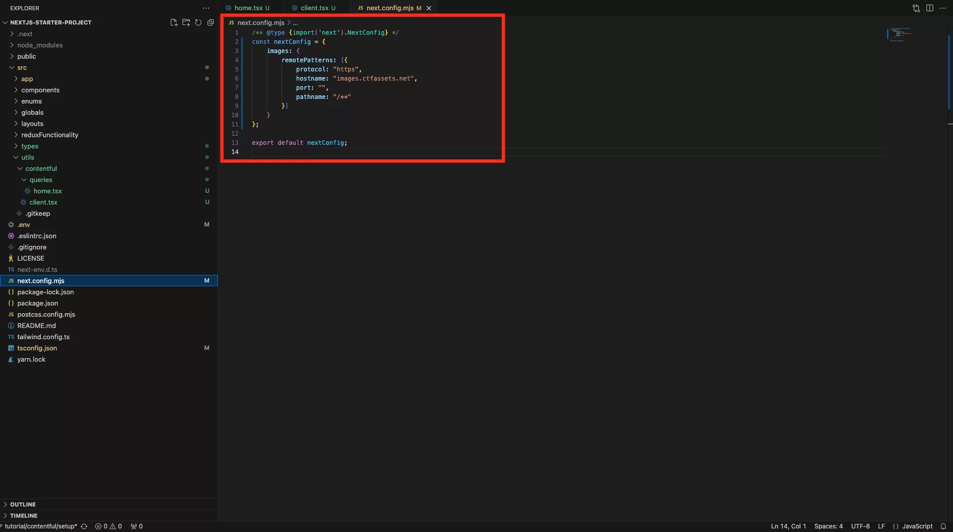 A screenshot of VSCode showing the updated next.config.mjs file.