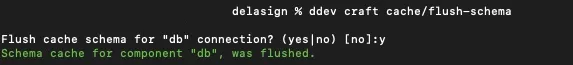 A screenshot of Terminal showing the Craft CMS Flush Schema command on DDEV.