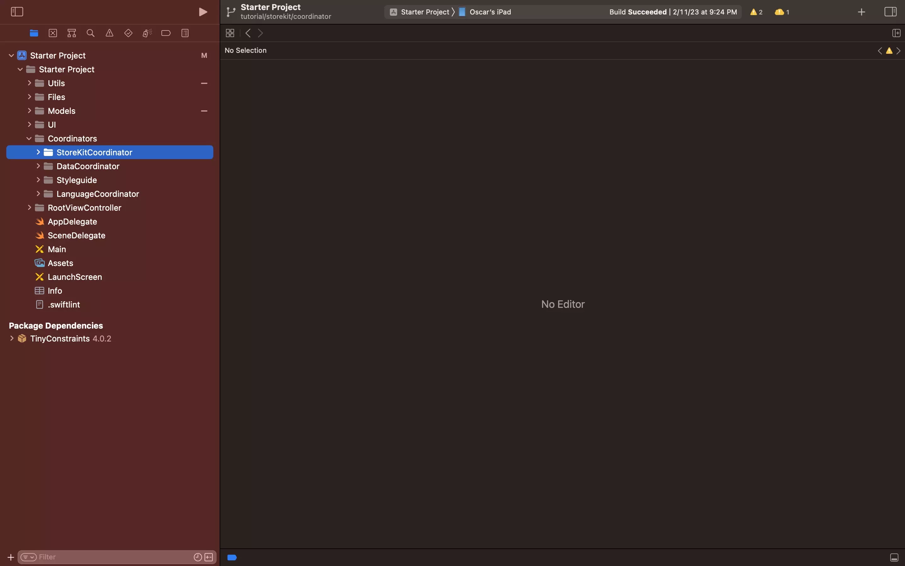 A screenshot of Xcode showing the StoreKitCoordinator folder under Coordinators.