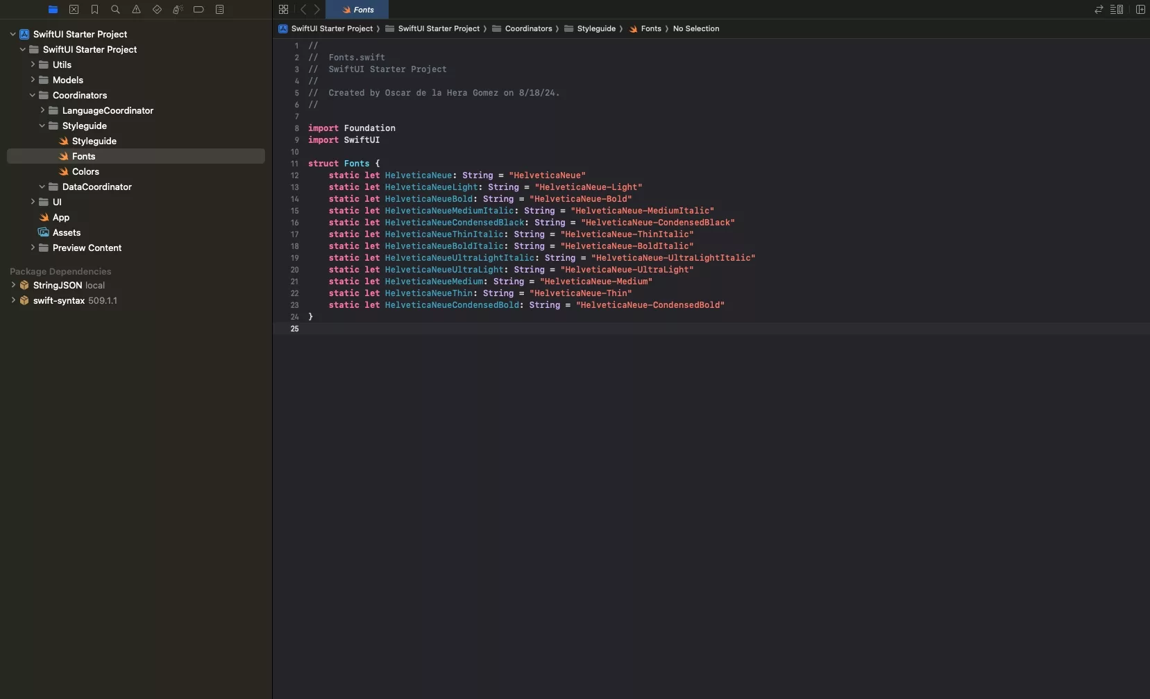 A screenshot of XCode showing how we have declared the fonts.