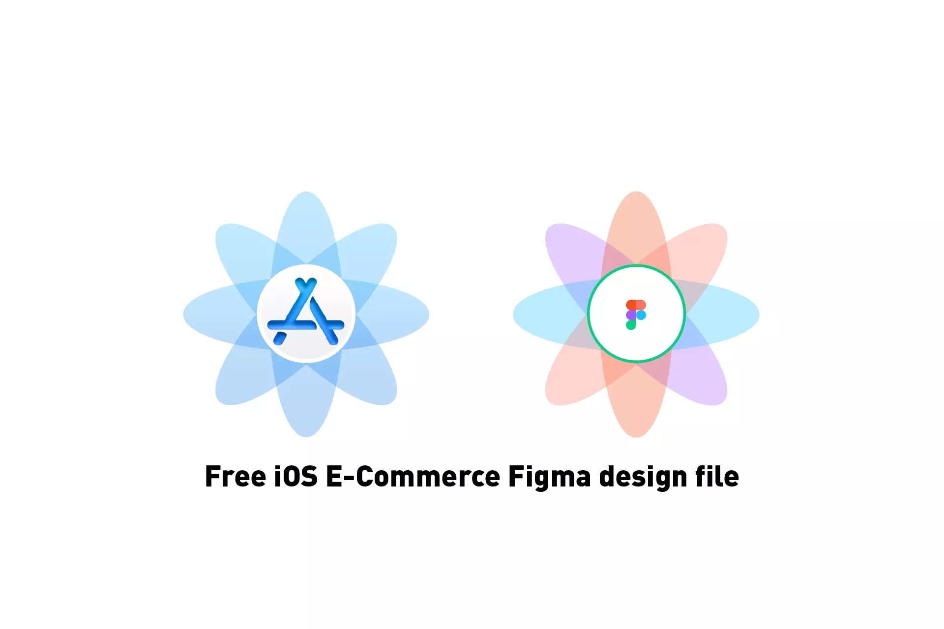 Two flowers that represent Apple App Store Connect & Figma side by side, beneath them sits the text "Free iOS E-Commerce Figma design file."