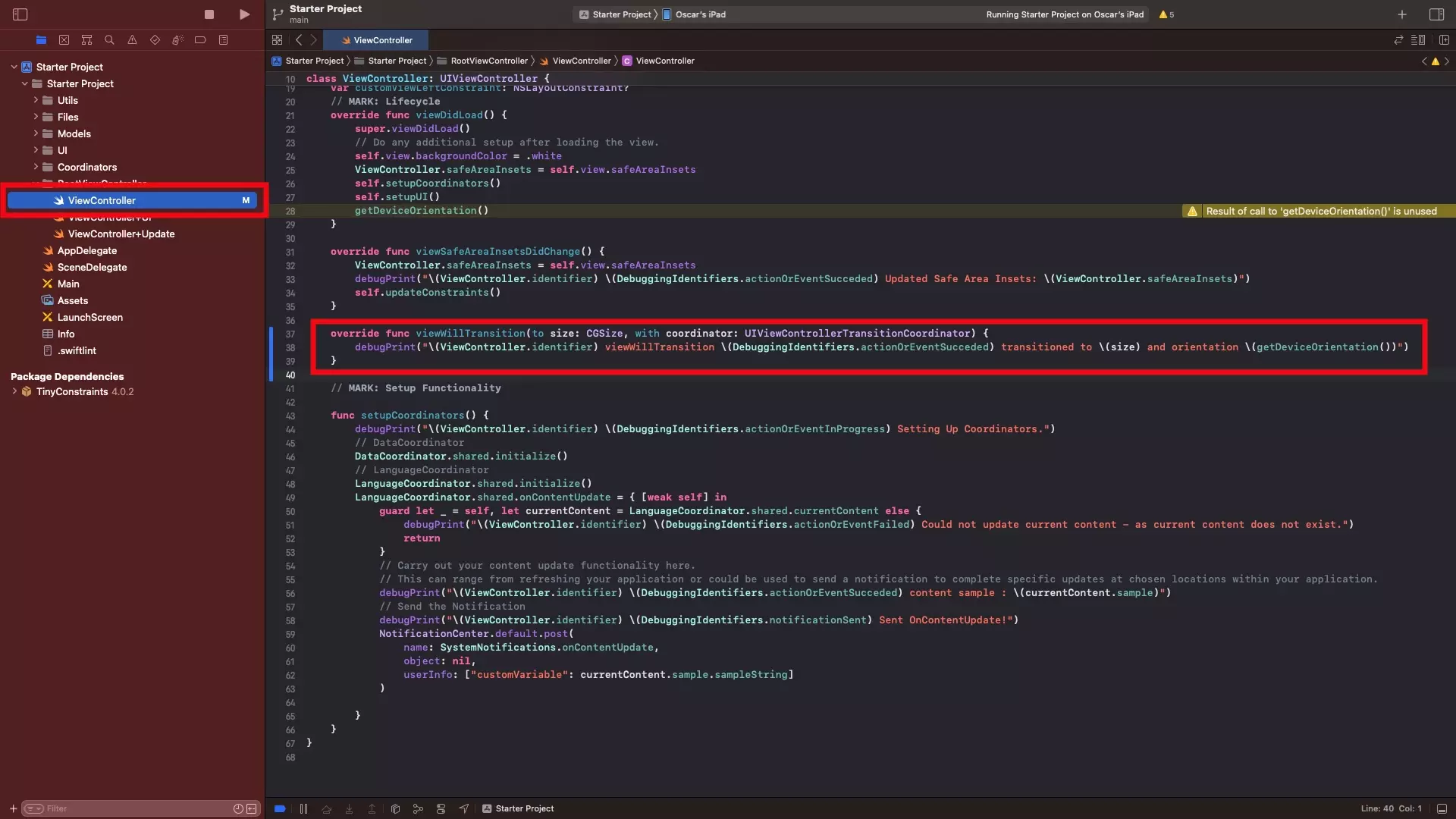 A screenshot of XCode with a highlight on the viewWillTransition function in the ViewController.swift file.