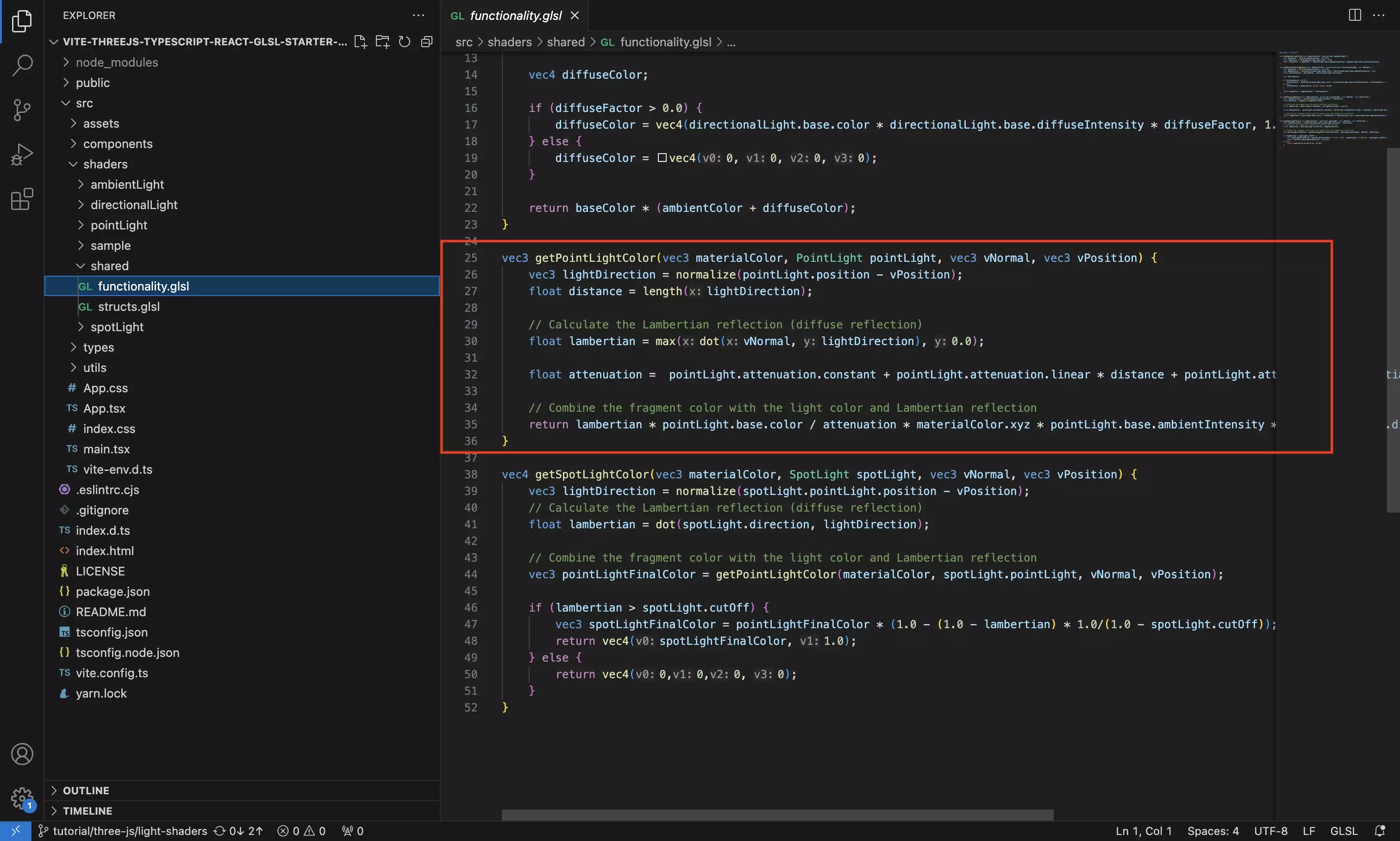 A screenshot of VSCode highlighting the functionality that is required for the Point Light shader.