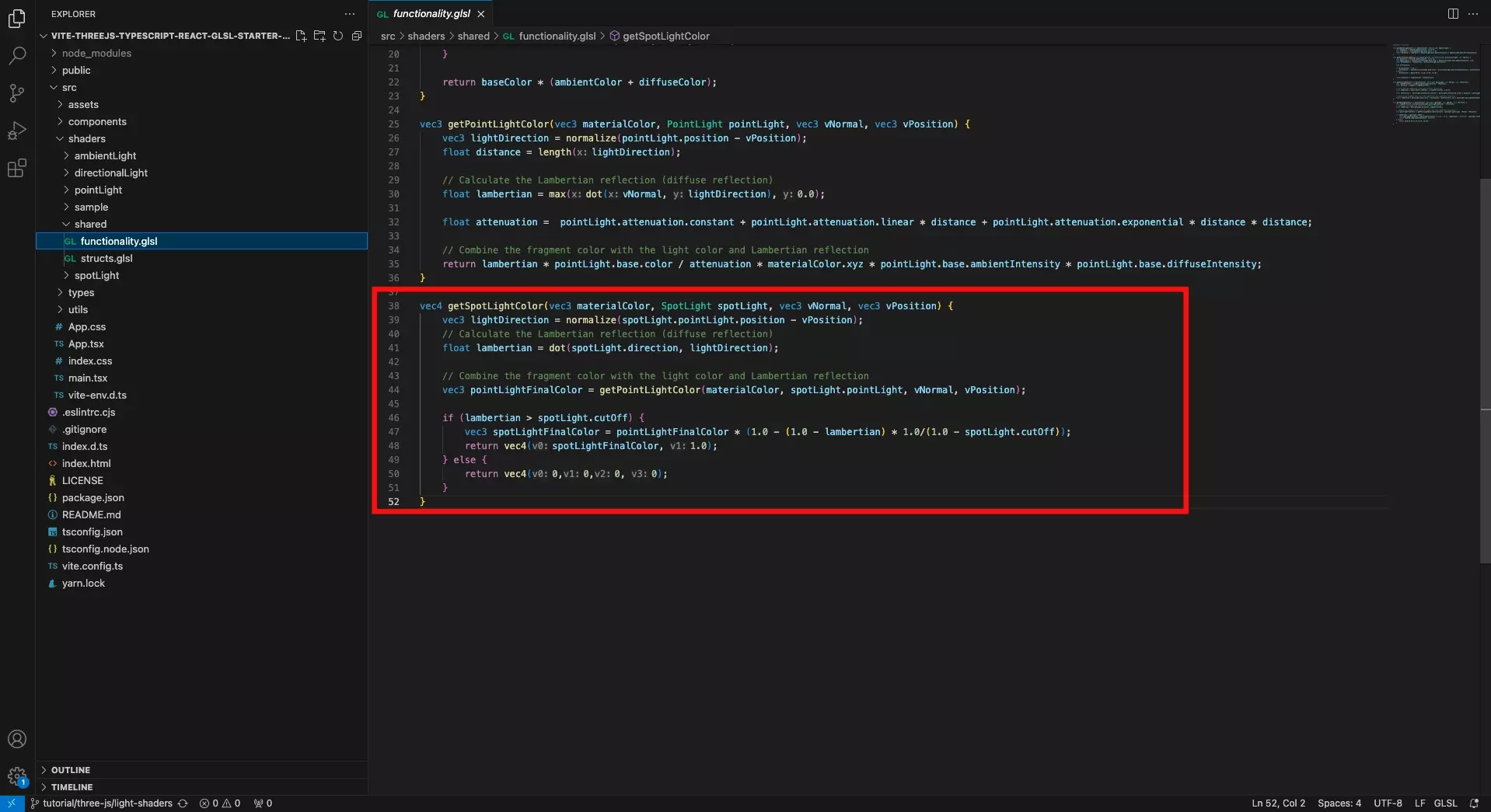 A screenshot of VSCode highlighting the GLSL functionality for the Spotlight.