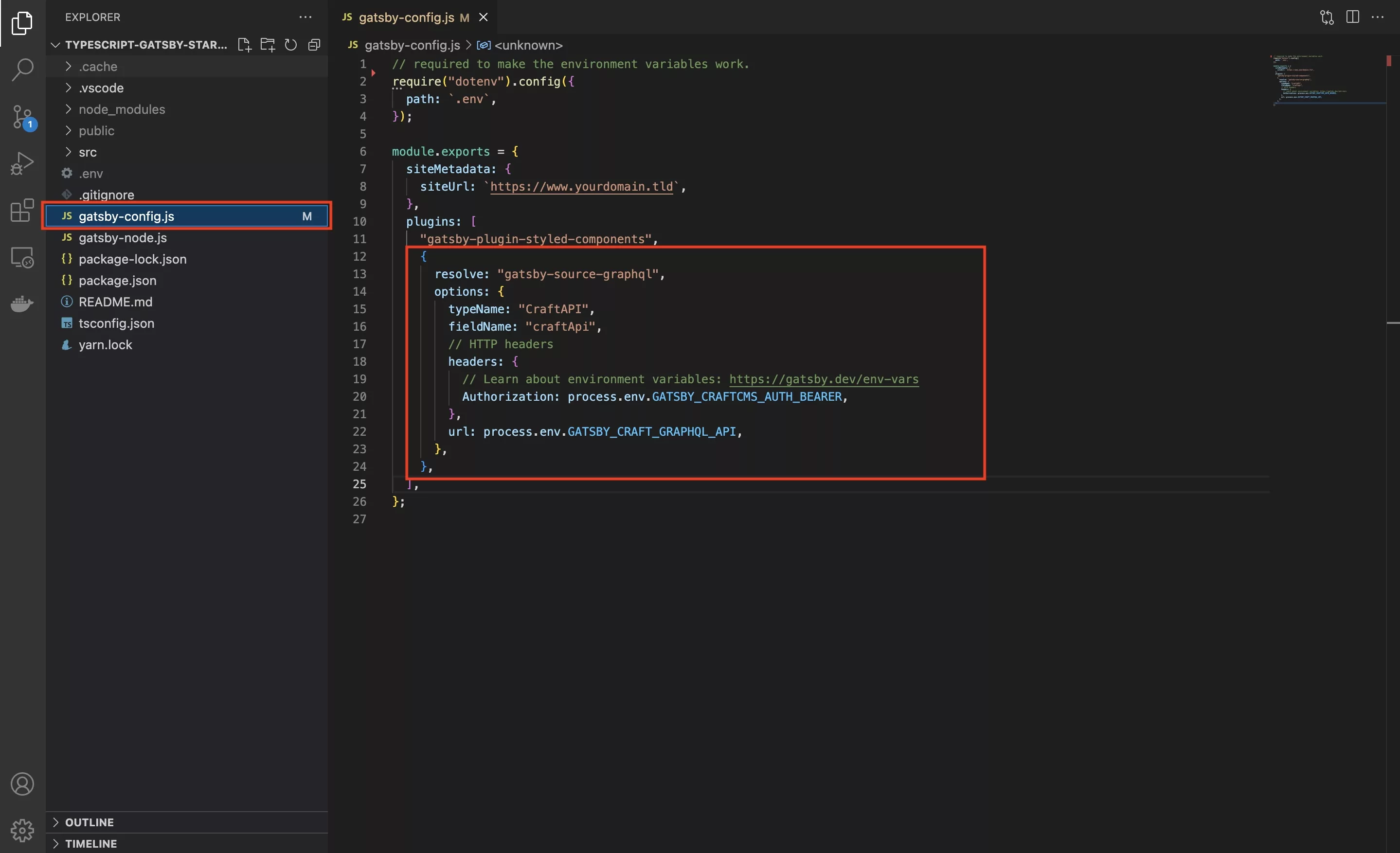 A screenshot of the gatsby-config demonstrating the changes required to implement the gatsby-source-graphql dependency. Sample code available in a gist below.