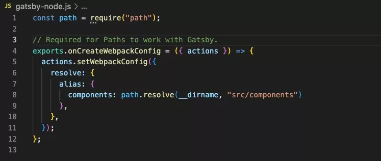 A screenshot on what a gatsby-node.js file looks like for a 'component' alias. Gist below.