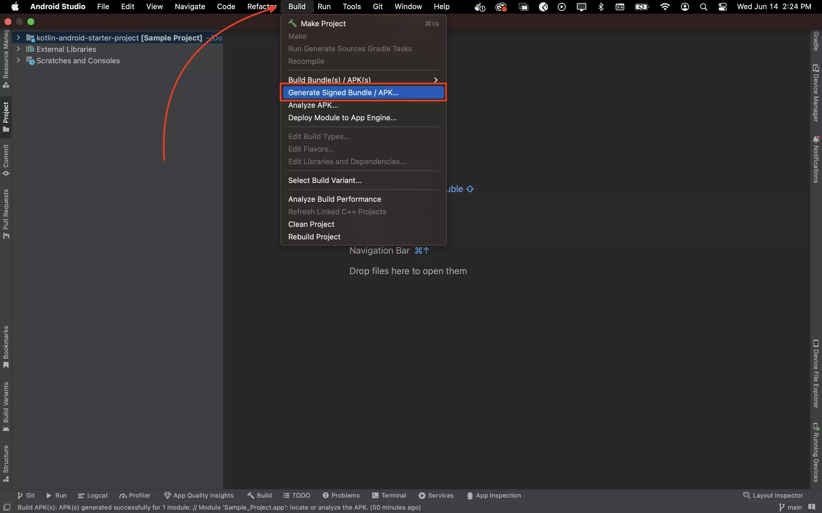 A screenshot of Android Studio highlighting the Build menu as well as the Generate Bundle / APK menu option.