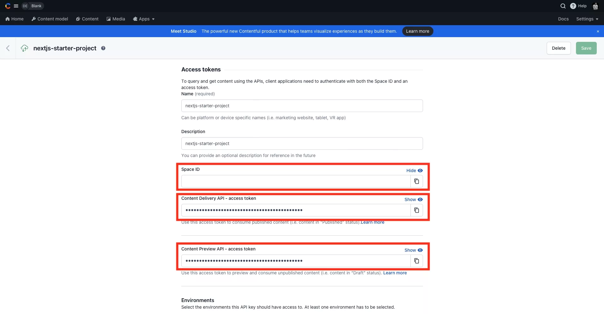 A screenshot of Contentful showing an API Key page.