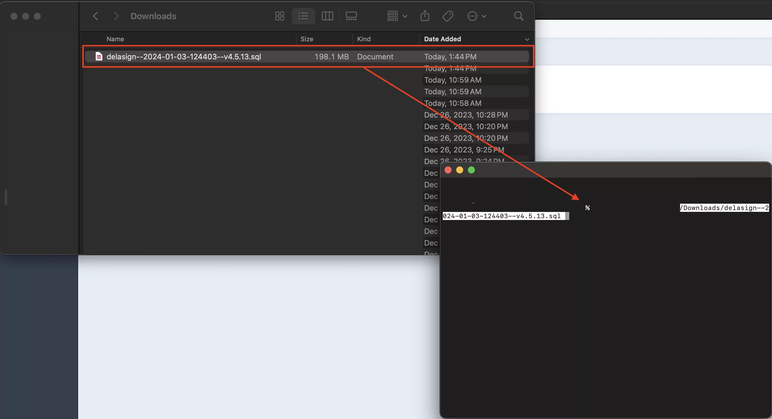 A screenshot showing how if you drag a file from Finder into a terminal, the terminal will give you the files absolute path.
