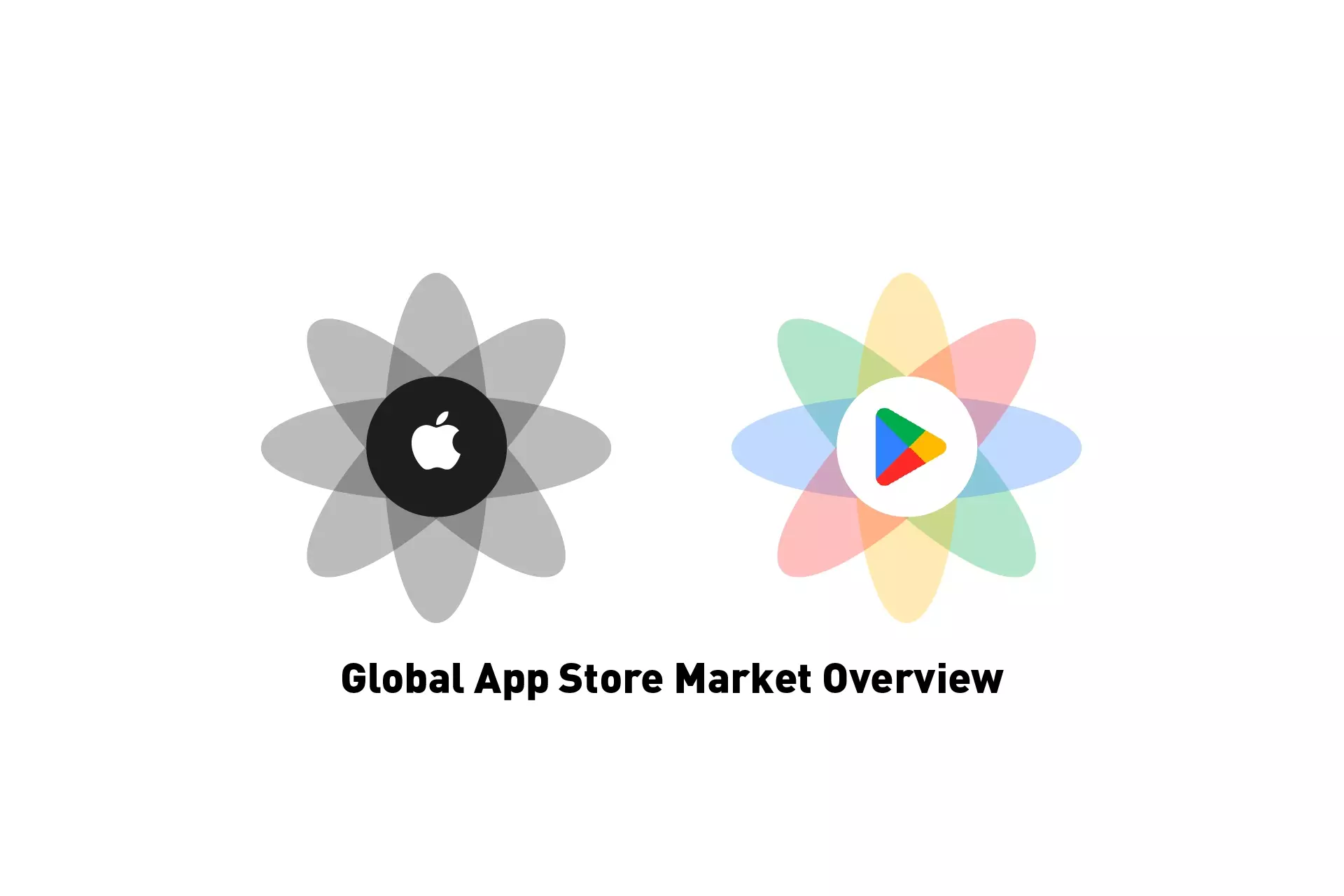 Two flowers that represent Apple and the Google Play Store. Beneath them sits the text "Global App Store Market Overview."