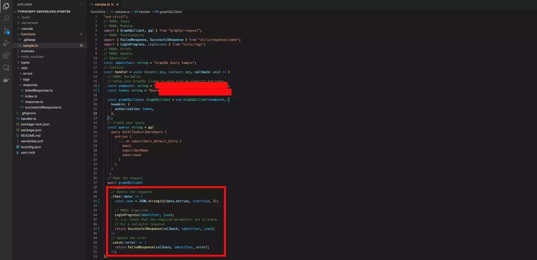 A screenshot of VSCode showing you how to make the GraphQL request and handle its response. Sample code available below.