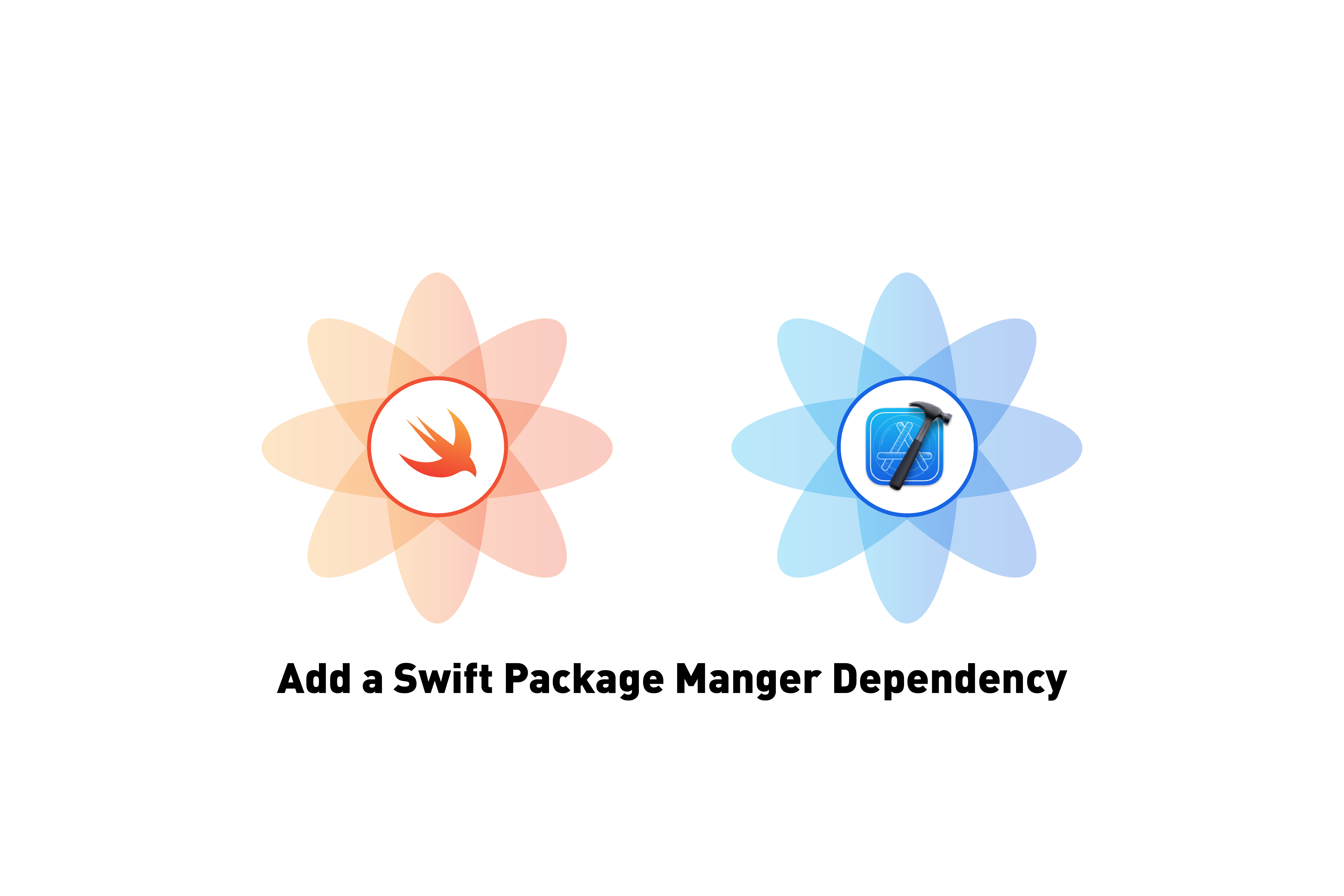 A flower that represents Swift next to a Flower that represents Xcode. Below it sits the words "Add a Swift Package Manger Dependency"