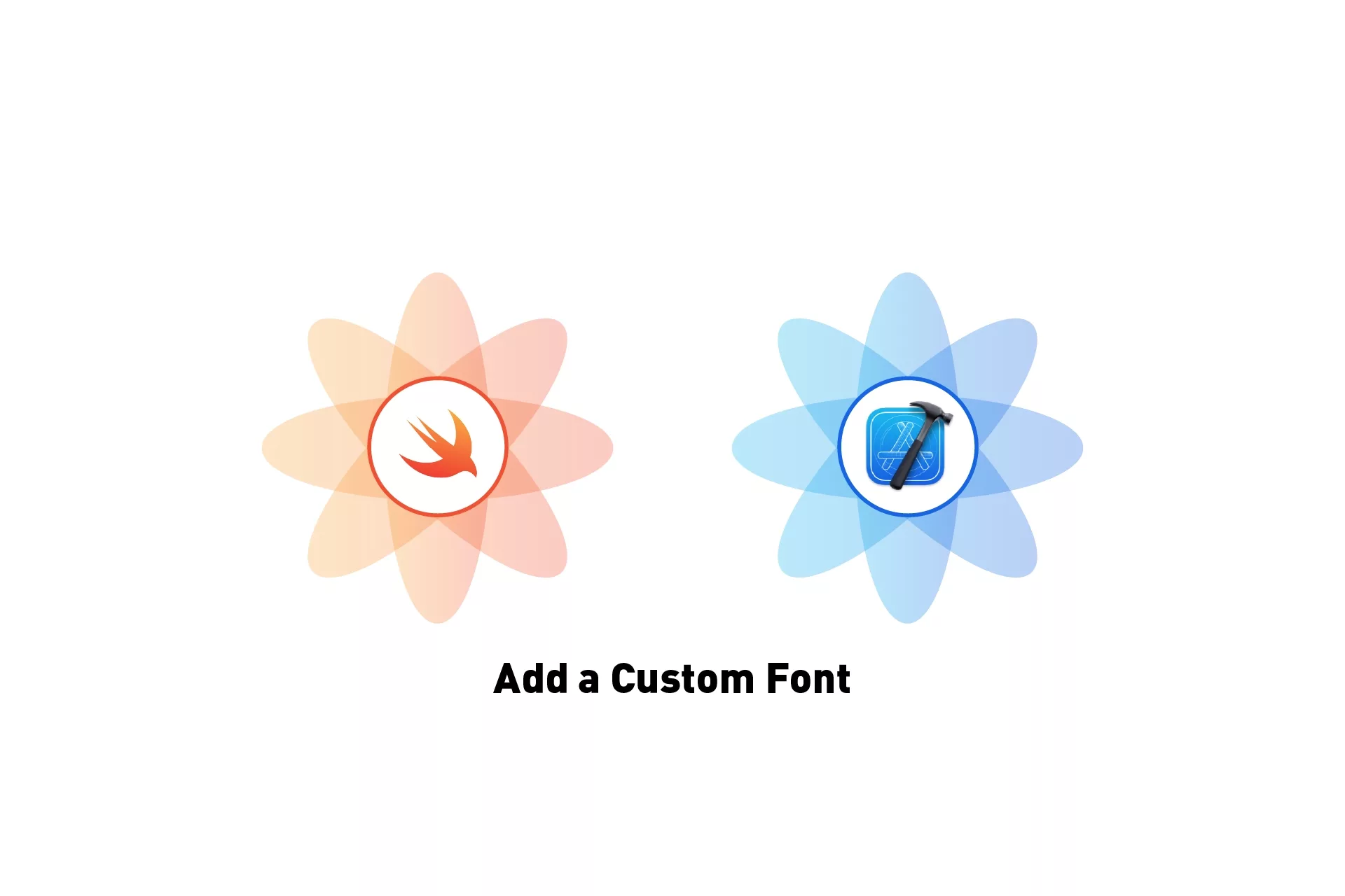 A flower that represents Swift next to a flower that represents XCode. Beneath it sits the text that states 'Add a Custom Font'.