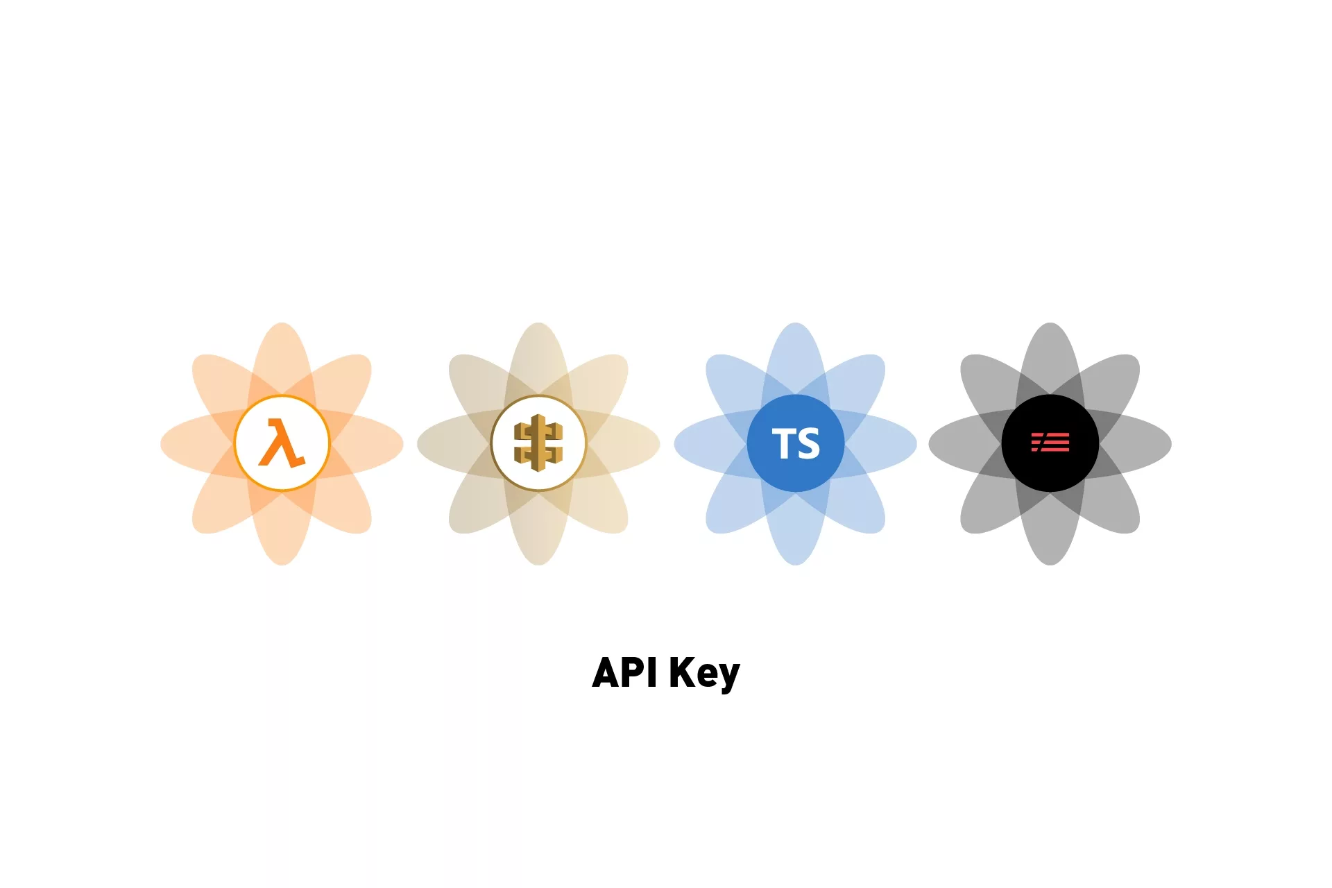A set of flowers that represent AWS Lambda, AWS API Gateway, Typescript and Serverless. Below them sits the text "API key"