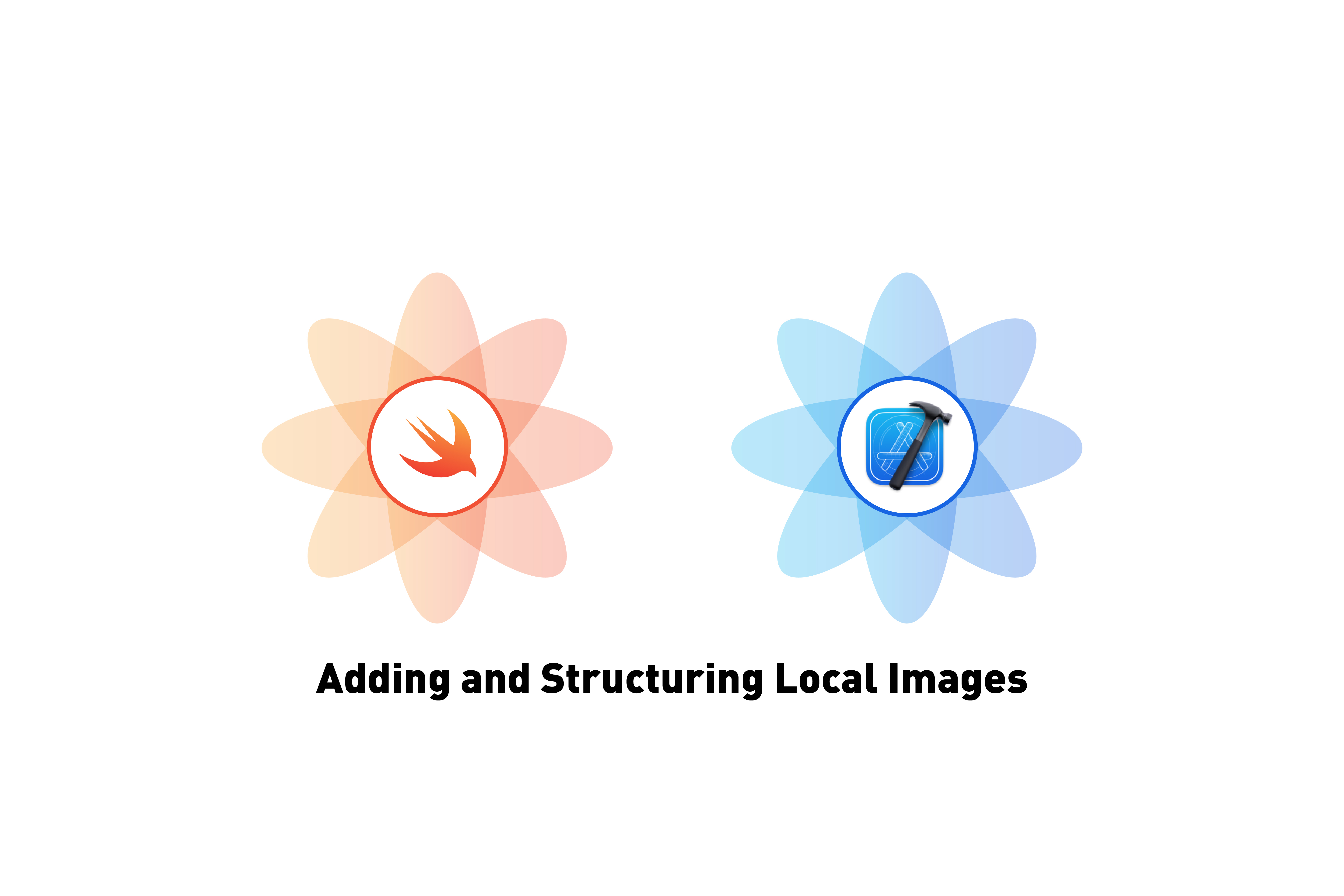A flower that represents Swift next to a flower that represents XCode. Beneath it sits the text that states 'Adding and Structuring Local Images'.