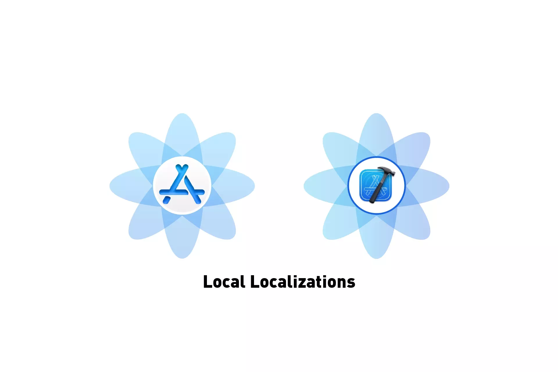 A flower that represents StoreKit next to one that represents Xcode. Beneath them sits the text "Local Localizations."