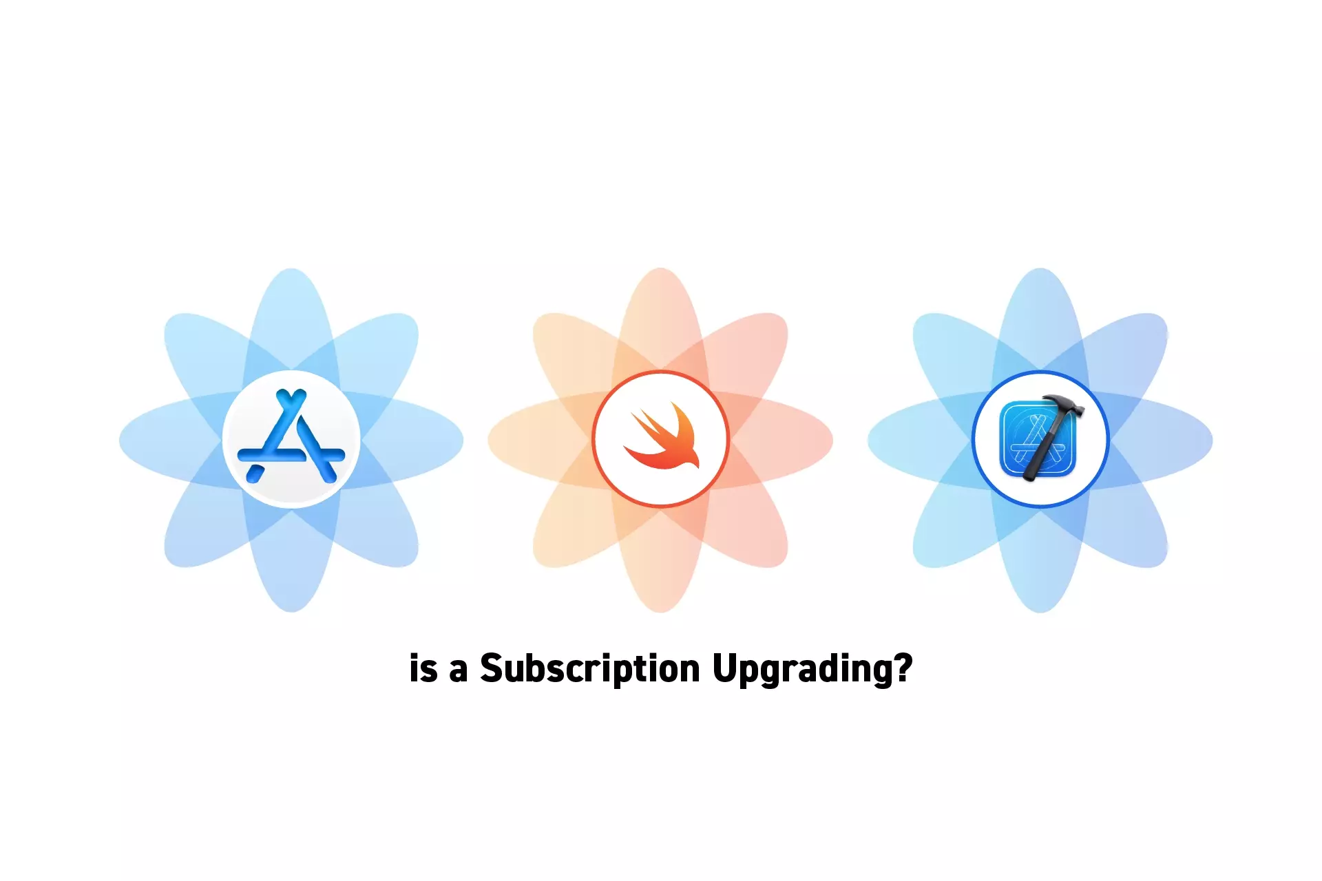 Three flowers that represent StoreKit, Swift and XCode side by side. Beneath them sits the text “is a Subscription Upgrading?.”